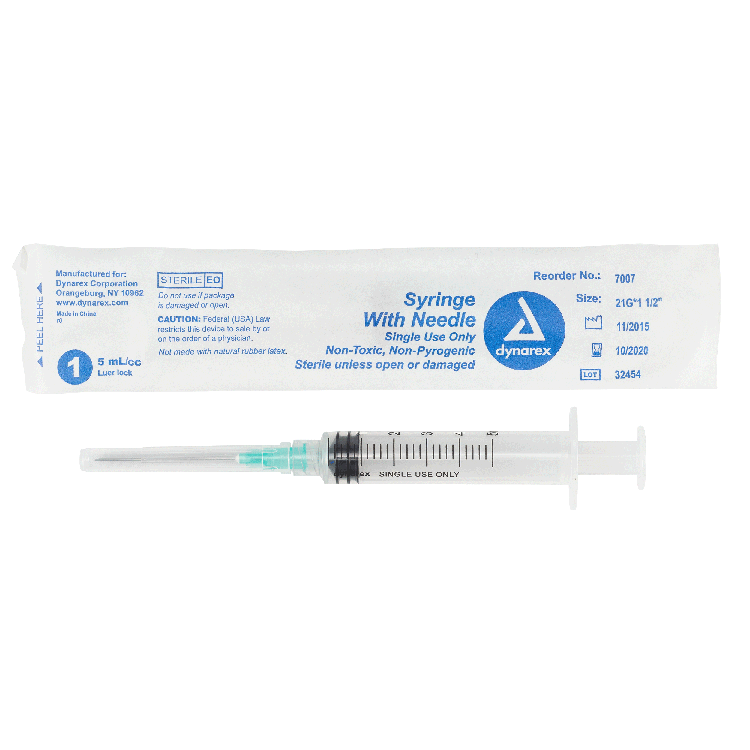 Syringe - Non-Safety with Needle - Luer Lock, 5 cc, 21G Needle Gauge, 1 1/2" Needle - 100 pcs per Box, 4 Boxes per Case