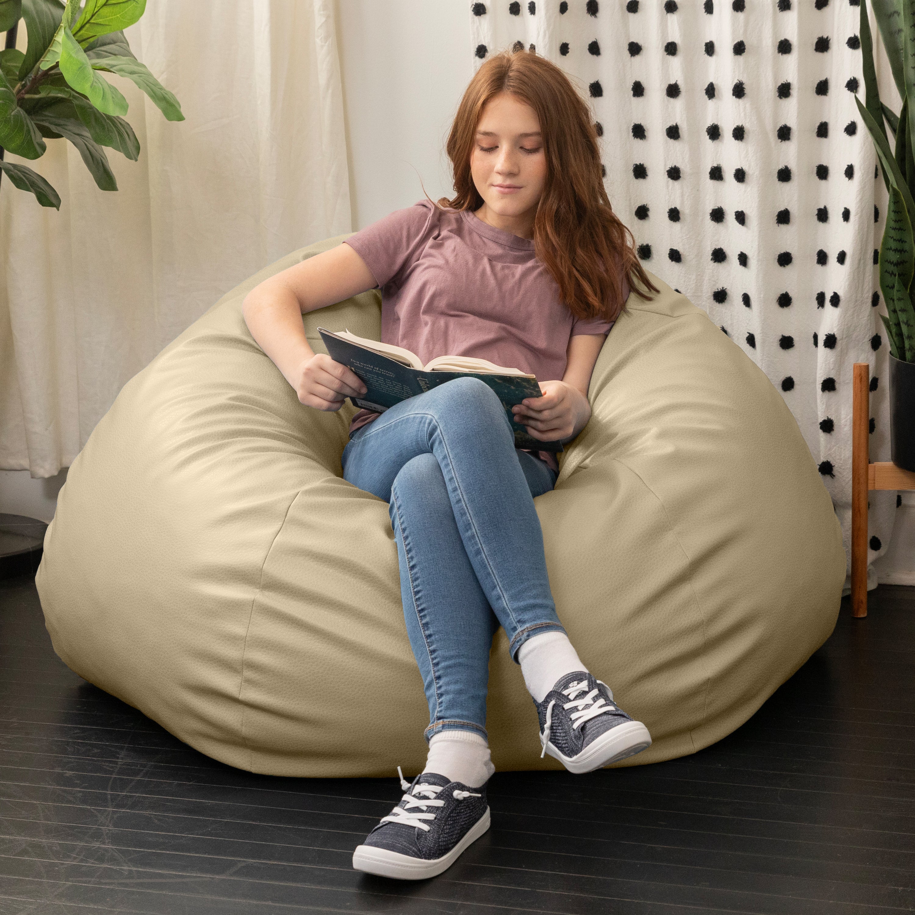 Atrium Collection Pazi Pod - Designer Foam Bean Bag Chair for Home Theaters, Offices, Schools, Reception & Waiting Rooms - Faux Leather - Natural Beige
