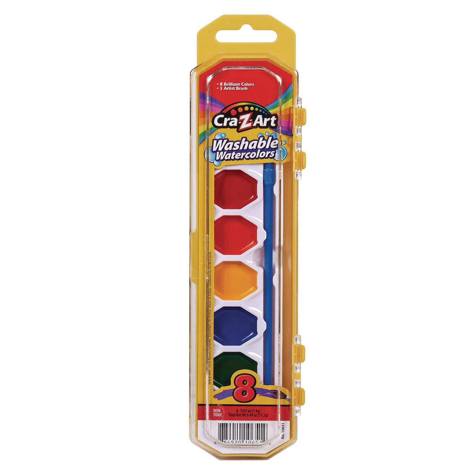 Washable Watercolors with Brush, Peggable Tray, 8 Count