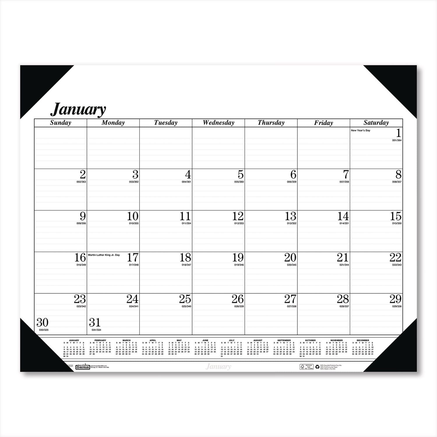 Recycled One-Color Refillable Monthly Desk Pad Calendar, 22 x 17, White Sheets, Black Binding/Corners,12-Month(Jan-Dec): 2025