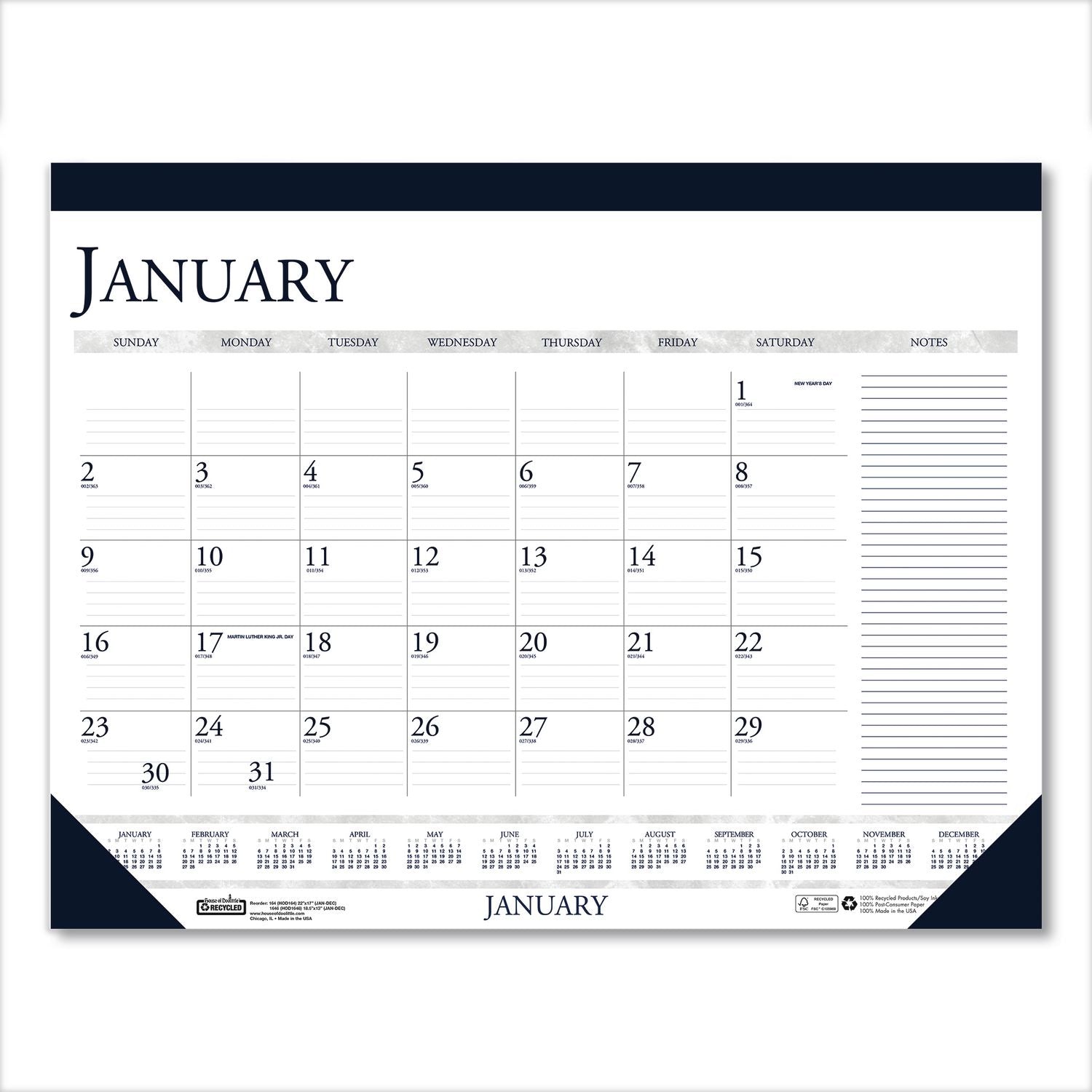 Julian Dates - Monthly - 12 Month - January 2026 to December 2026 - 1 Month Single Page Layout - 18 1/2" x 13" Sheet Size - 1.50" x 1.88" Block - Desk Pad - Blue, Gray - Paper, Chipboard - 13" Height x 18.5" Width - Reference Calendar, Reinforced - 1 Each