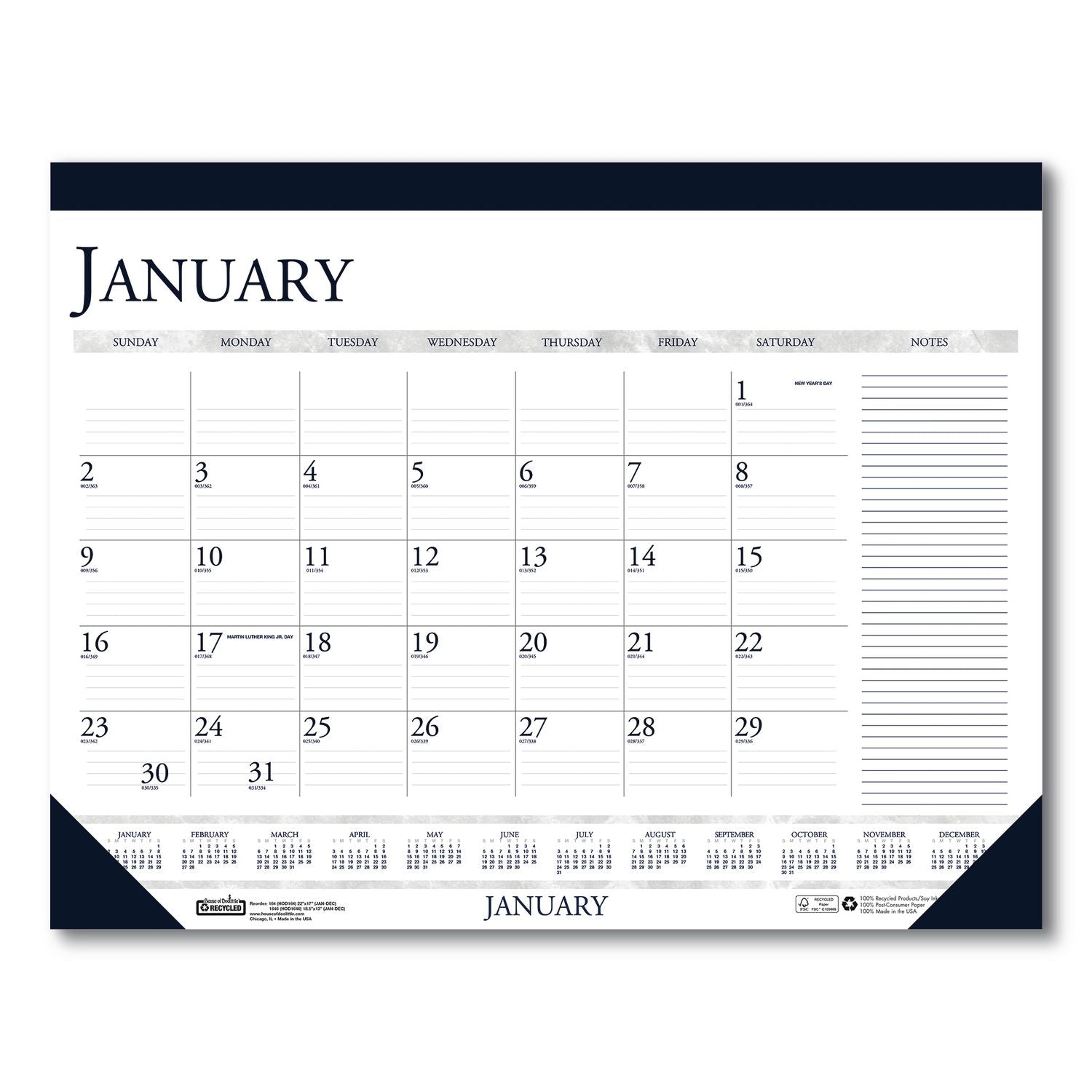 Julian Dates - Monthly - 12 Month - January 2026 to December 2026 - 1 Month Single Page Layout - 22" x 17" Sheet Size - 2.37" x 1.87" Block - Desk Pad - Blue - Paper - 1 Each