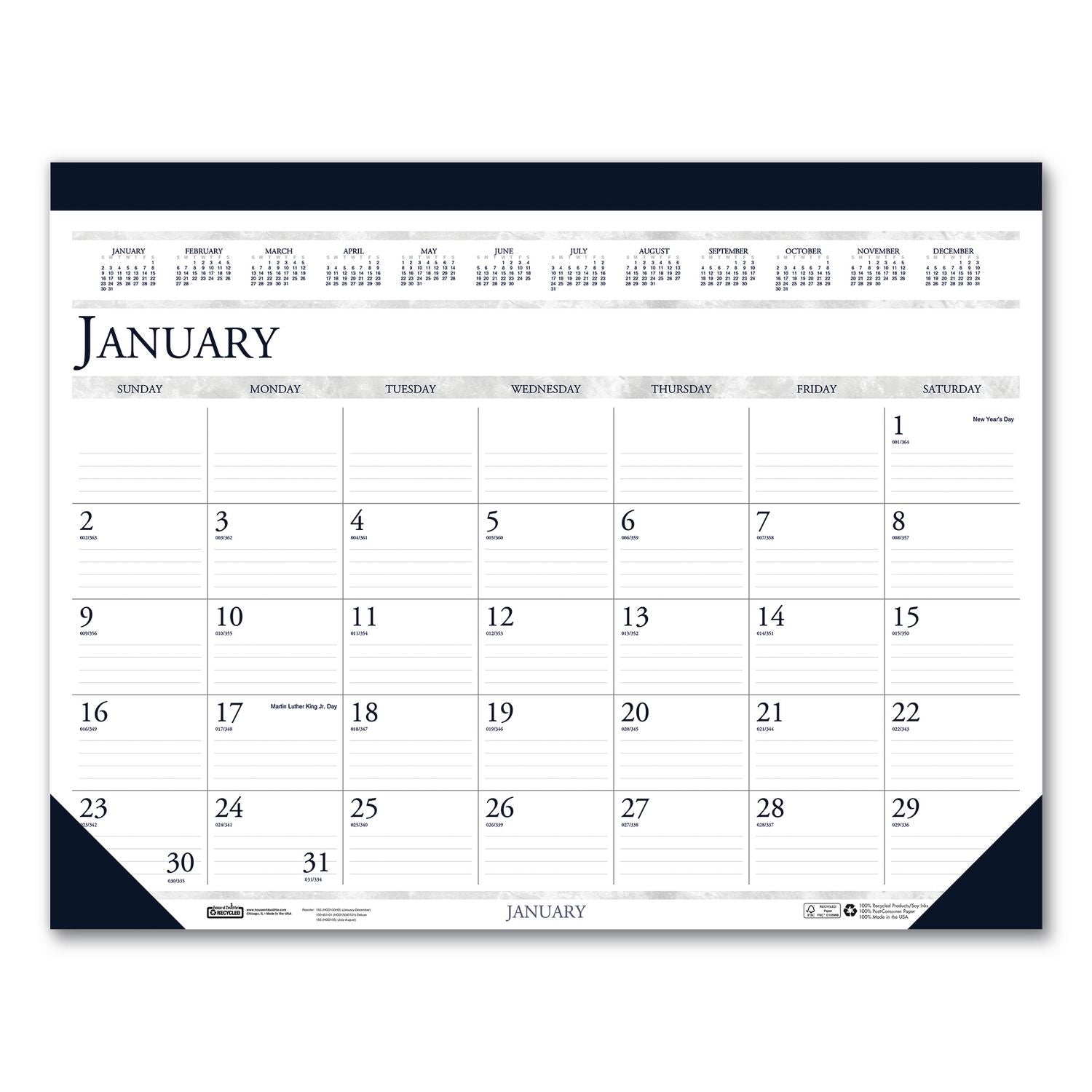 Julian Dates - Monthly - 12 Month - January 2026 to December 2026 - 1 Month Single Page Layout - 22" x 17" Sheet Size - 2.13" x 3" Block - Desk Pad - Blue - Vinyl, Leather - 17" Height x 22" Width - Perforated - 1 Each