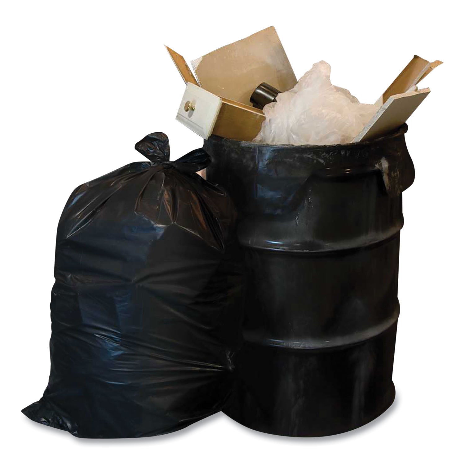 Heavy-Duty Low-Density Wing Tie Contractor Bags, 42 gal, 3 mil, 32.75" x 45.13", Black, 20 Bags/Roll, 4 Rolls/Carton