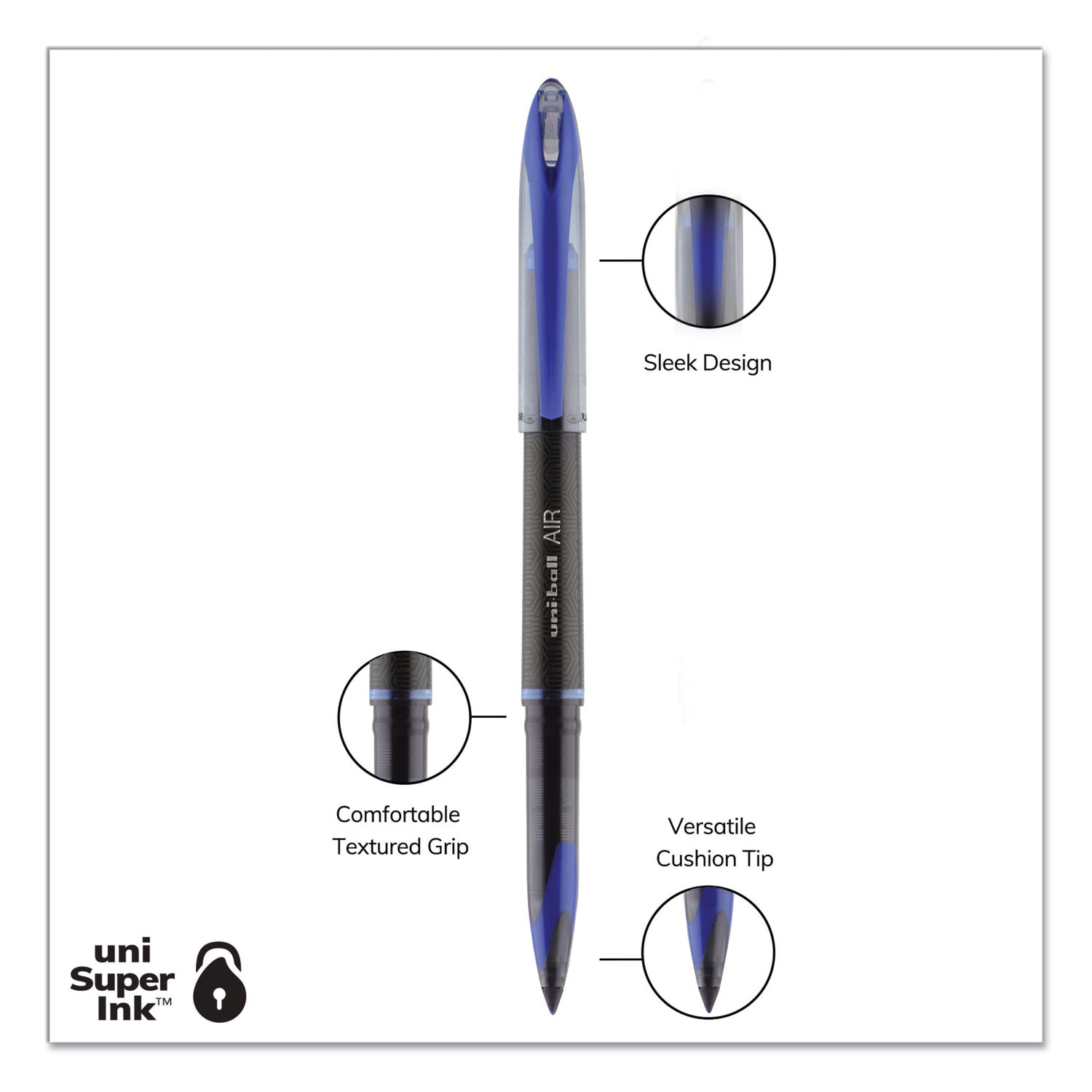 Air Porous Gel Pen, Stick, Medium 0.7 Mm, Blue Ink, Black/blue Barrel, 3/pack
