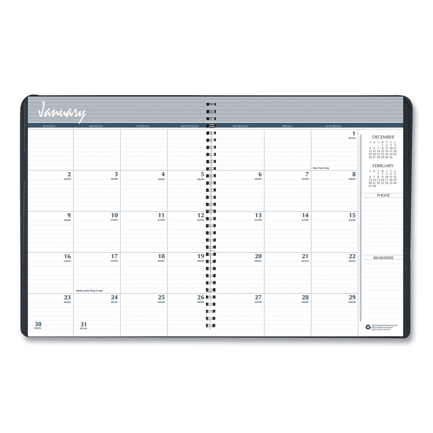 Julian Dates - Monthly - December 2025 to January 2027 - 1 Month Double Page Layout - 8 1/2" x 11" Sheet Size - 2.12" x 1.87" Block - Simulated Leather - Blue Cover - 1 Each