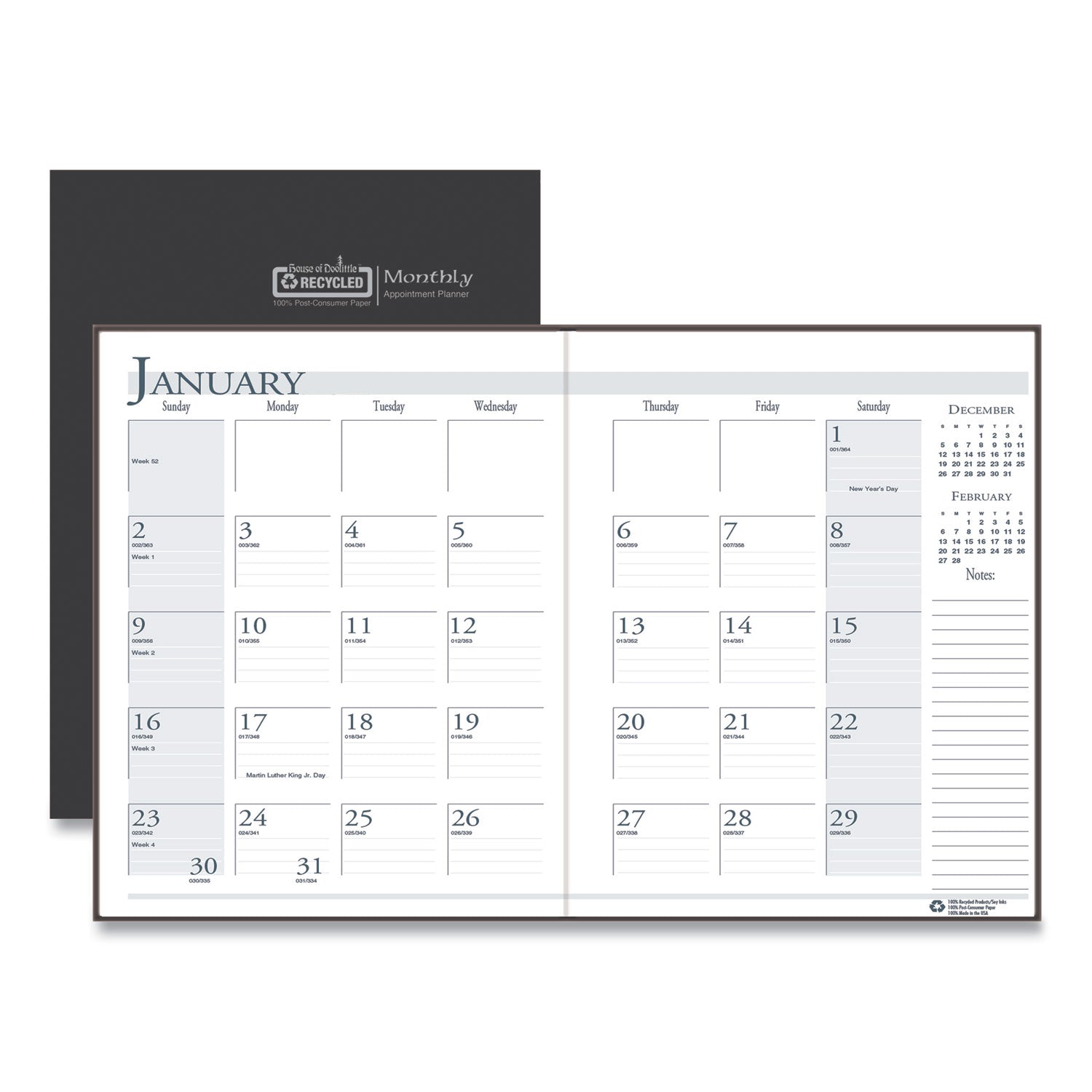 Monthly - 14 Month - December 2025 to January 2027 - 1 Month Double Page Layout - 8 1/2" x 11" Sheet Size - 1.75" x 1.75" Block - Leatherette, Paper - Black Cover - Notepad, Reference Calendar - 1 Each