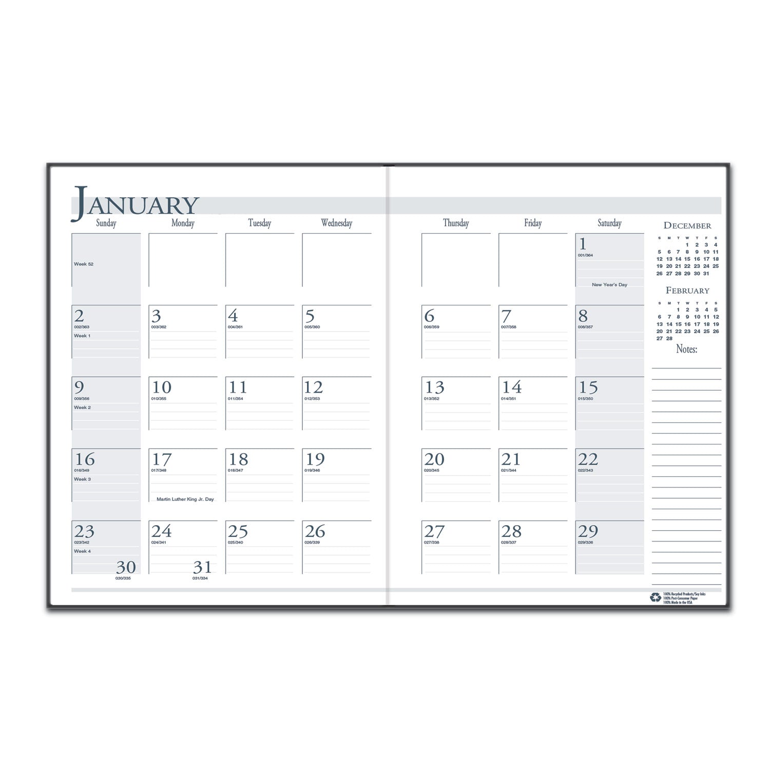Julian Dates - Monthly - 14 Month - December 2025 to January 2027 - 1 Month Double Page Layout - 10" x 7" Block - Sewn - Black - Leatherette - Black Cover - Notes Area - 1 Each