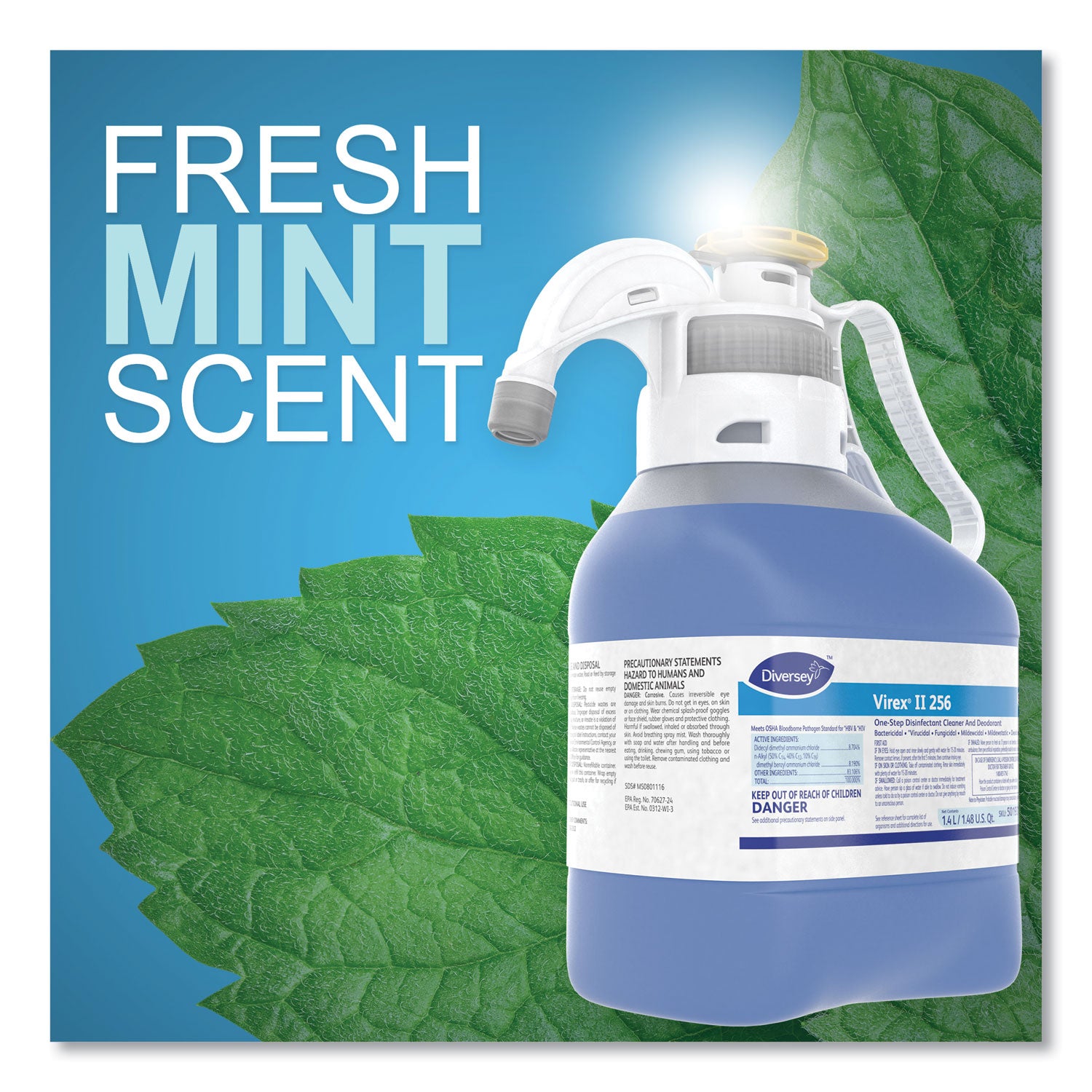 Virex II 256 Diversey Virex II 1-Step Disinfectant Cleaner - For Multi Surface, Multipurpose - Concentrate - 47.3 fl oz (1.5 quart) - Minty Scent - Disinfectant, Deodorant, Antibacterial, Rinse-free - Blue - 1 Each