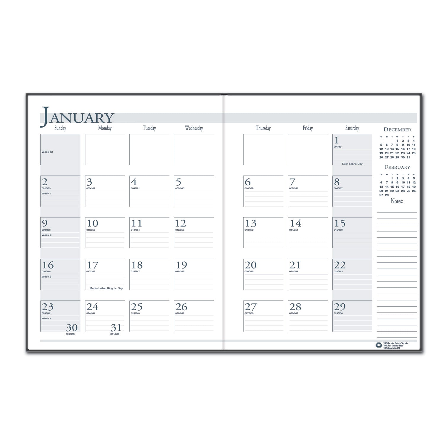 Monthly - 14 Month - December 2025 to January 2027 - 1 Month Double Page Layout - 8 1/2" x 11" Sheet Size - 1.75" x 1.75" Block - Leatherette, Paper - Black Cover - Notepad, Reference Calendar - 1 Each