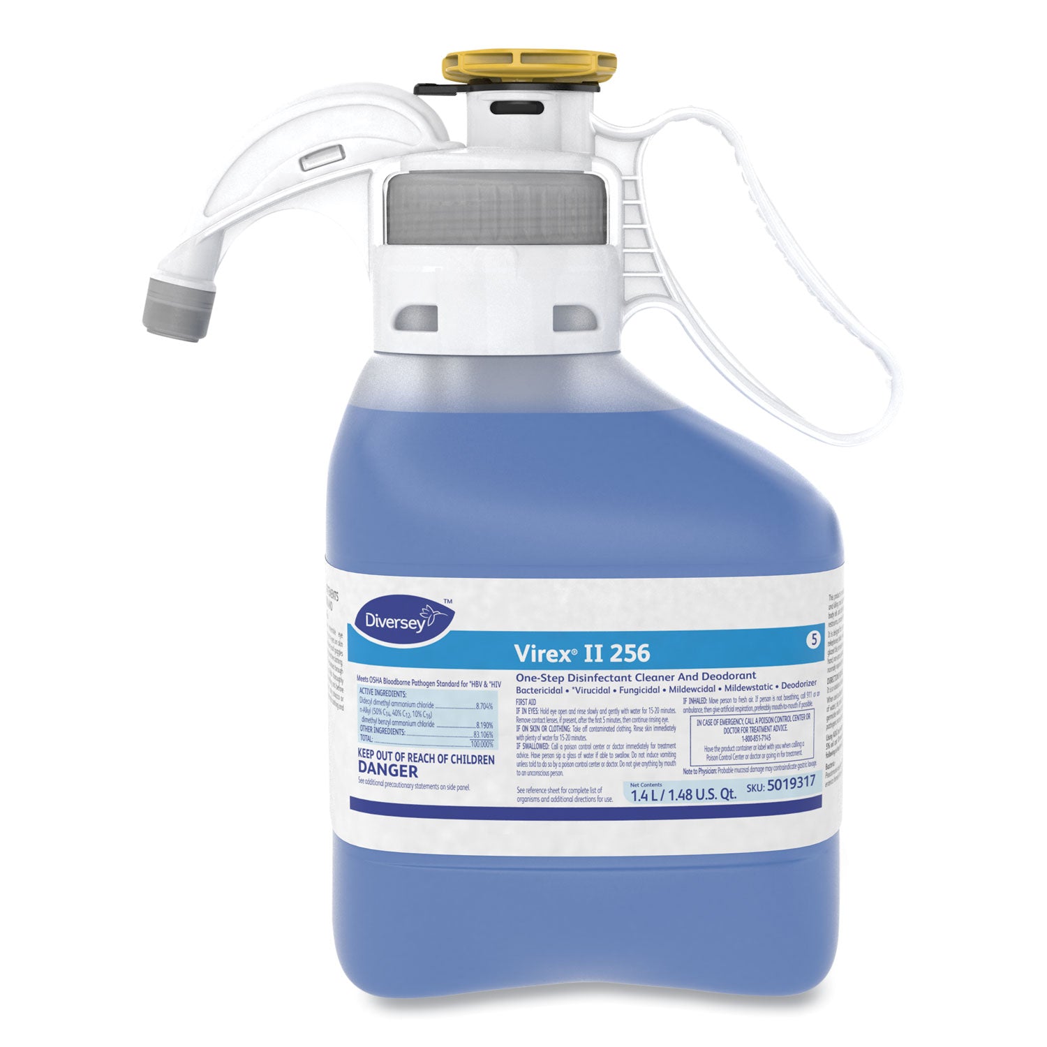 Virex II 256 Diversey Virex II 1-Step Disinfectant Cleaner - For Multi Surface, Multipurpose - Concentrate - 47.3 fl oz (1.5 quart) - Minty Scent - Disinfectant, Deodorant, Antibacterial, Rinse-free - Blue - 1 Each