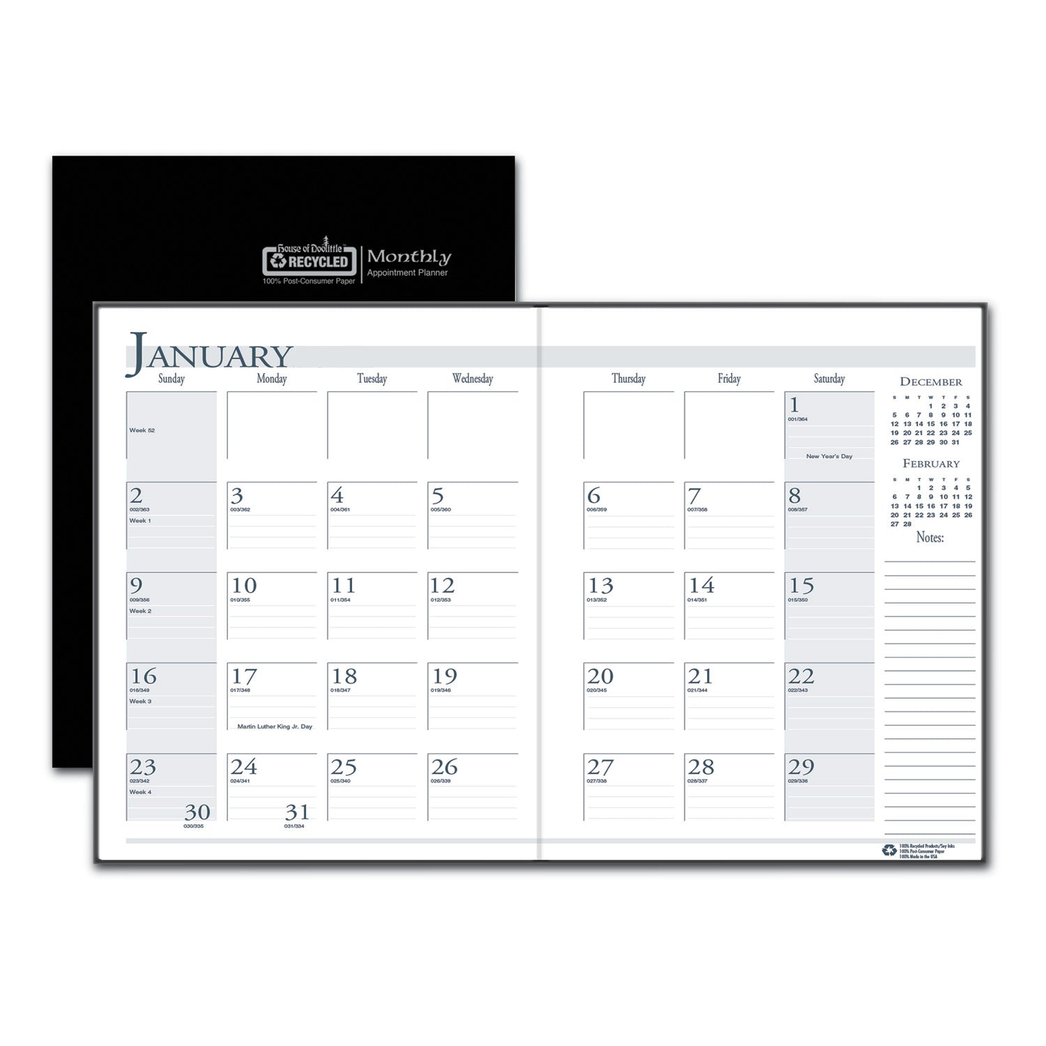 Julian Dates - Monthly - 14 Month - December 2025 to January 2027 - 1 Month Double Page Layout - 10" x 7" Block - Sewn - Black - Leatherette - Black Cover - Notes Area - 1 Each