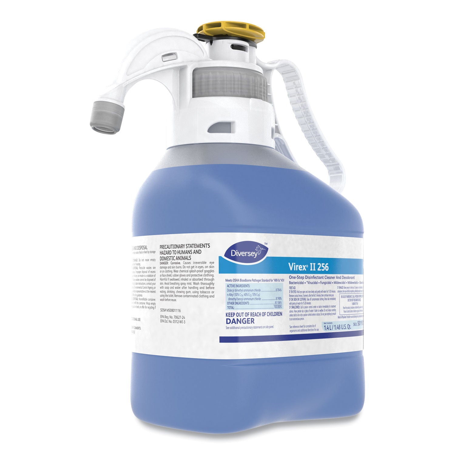 Virex II 256 Diversey Virex II 1-Step Disinfectant Cleaner - For Multi Surface, Multipurpose - Concentrate - 47.3 fl oz (1.5 quart) - Minty Scent - Disinfectant, Deodorant, Antibacterial, Rinse-free - Blue - 1 Each