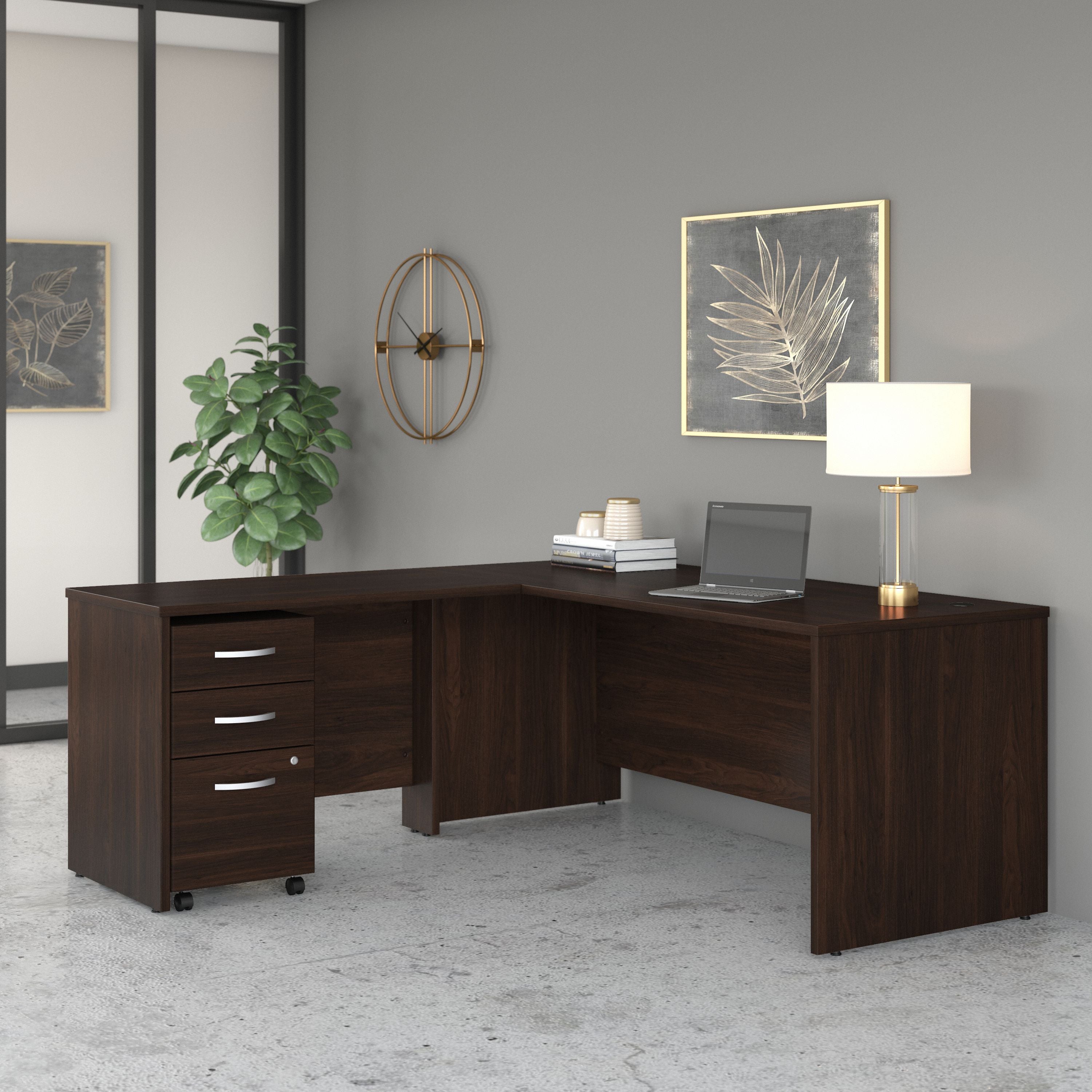 Bush Business Furniture Studio C 72W x 30D L Shaped Desk with Mobile File Cabinet and 42W Return in Black Walnut - 71.02" Width x 71.02" Depth x 29.84" Height
