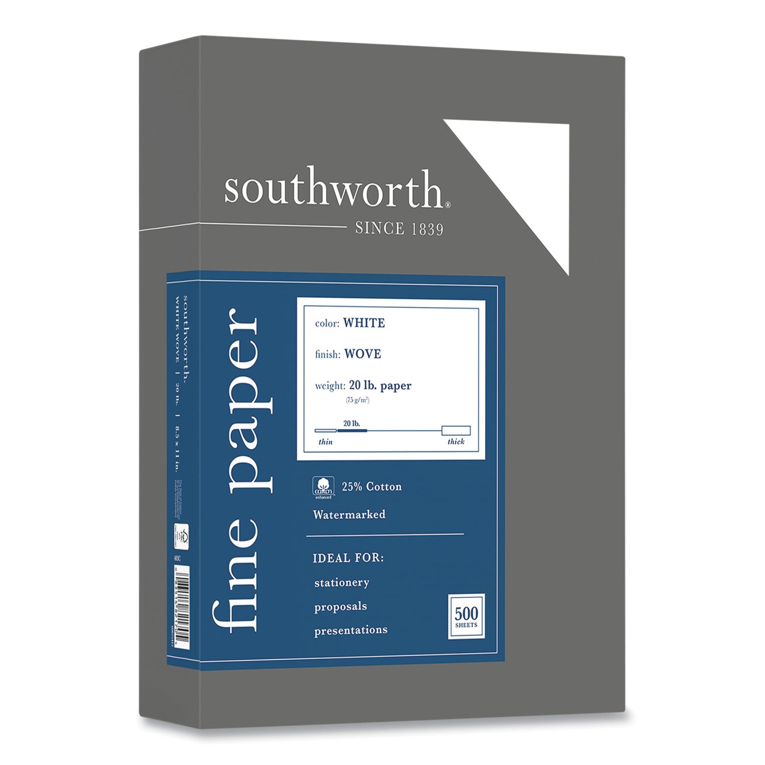 Southworth 25% Cotton Business Paper - Letter - 8 1/2" x 11" - 20 lb Basis Weight - Wove - Watermarked, Acid-free, Date-coded, Lignin-free - White - 1 Box