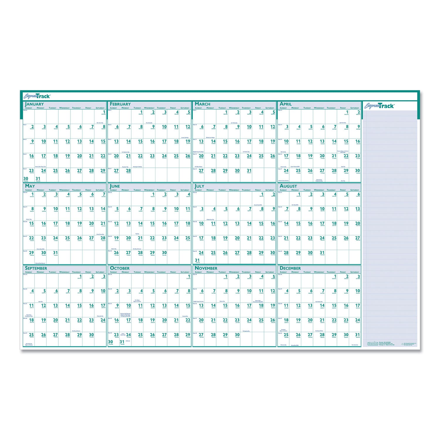 Julian Dates - Yearly - 12 Month - January 2026 to December 2026 - 24" x 37" Sheet Size - 1.25" x 1.38" Block - Blue, Green - Paper - Laminated, Erasable - 1 Each