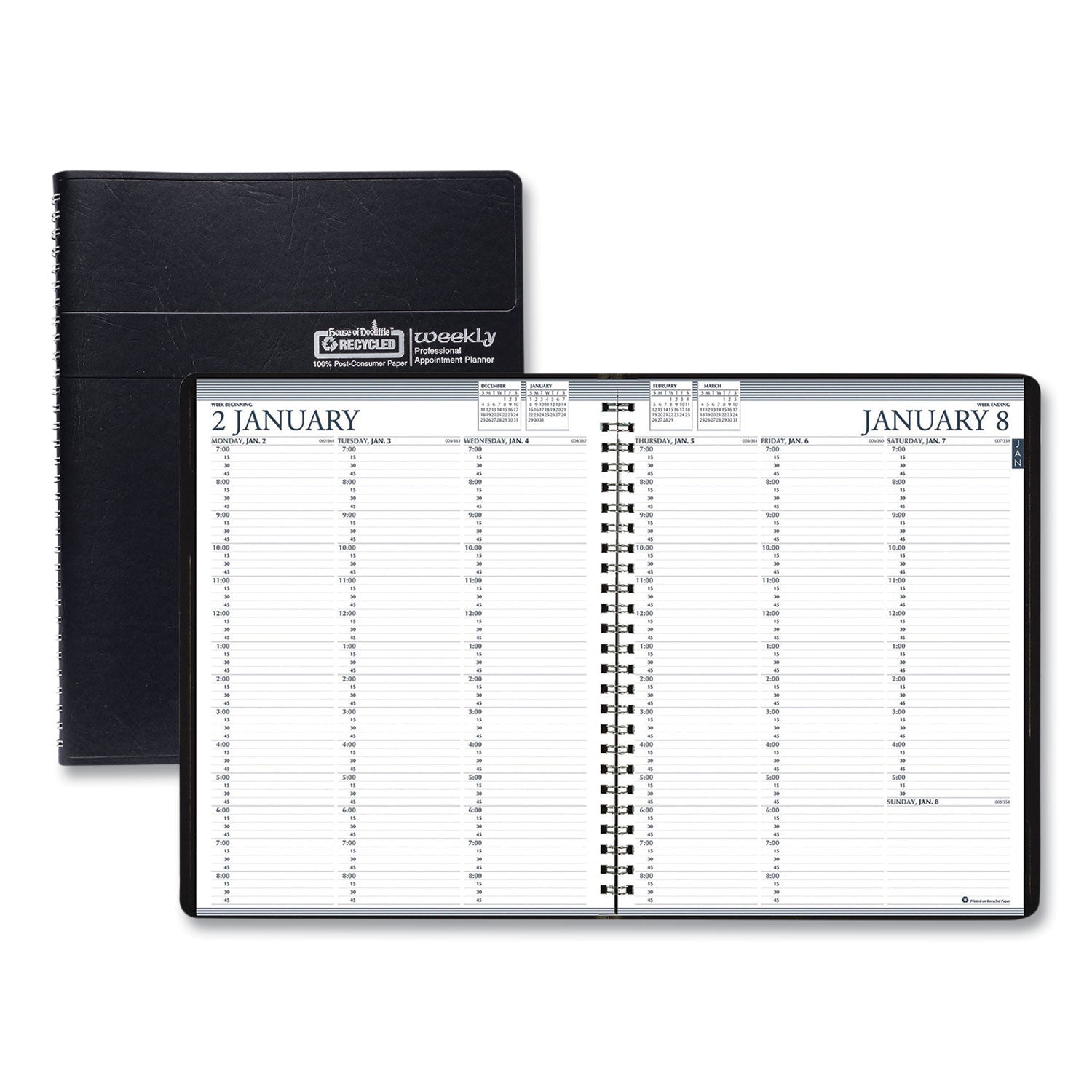 Julian Dates - Weekly - January 2026 to December 2026 - 7:00 AM to 8:45 PM - Quarter-hourly - 1 Week Double Page Layout - 8 1/2" x 11" Sheet Size - Simulated Leather - Black Cover - 1 Each