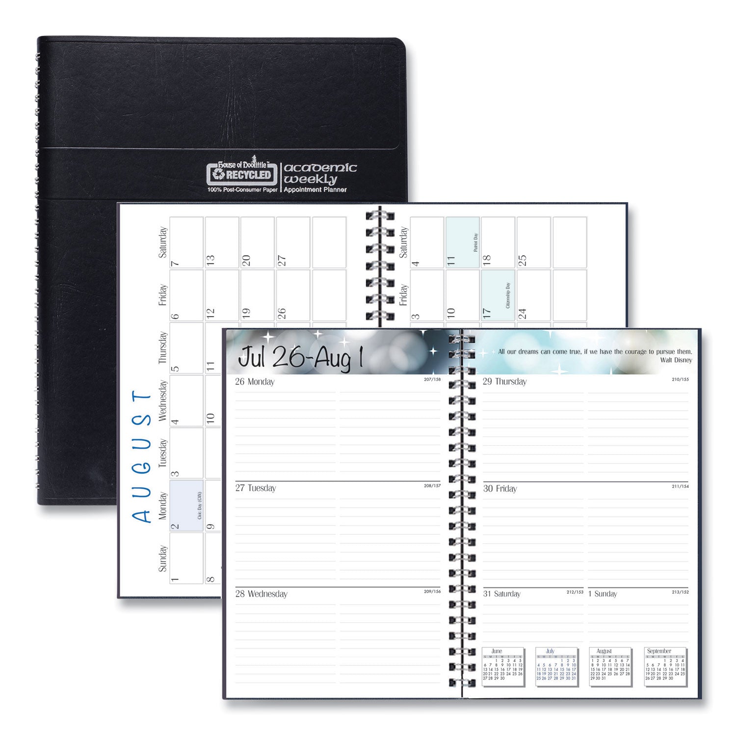 Weekly - 13 Month - August 2025 to August 2026 - 1 Week Double Page Layout - 5" x 8" Sheet Size - Leather - Black Cover - 1 Each