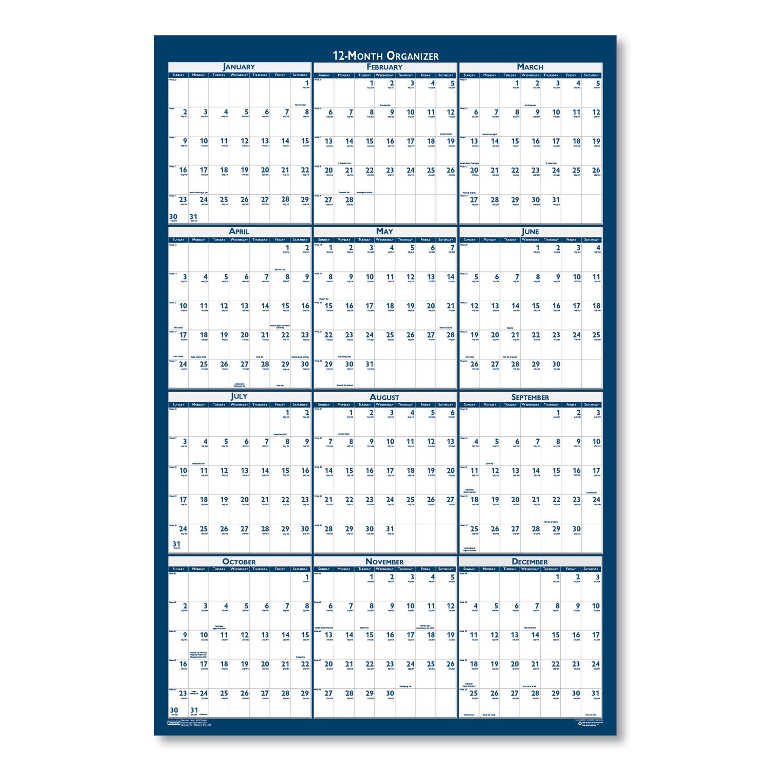 Julian Dates - Yearly - 12 Month - January 2026 to December 2026 - 66" x 33" Sheet Size - 2" x 2.25" Block - Blue, Gray - Paper - Laminated - 1 Each