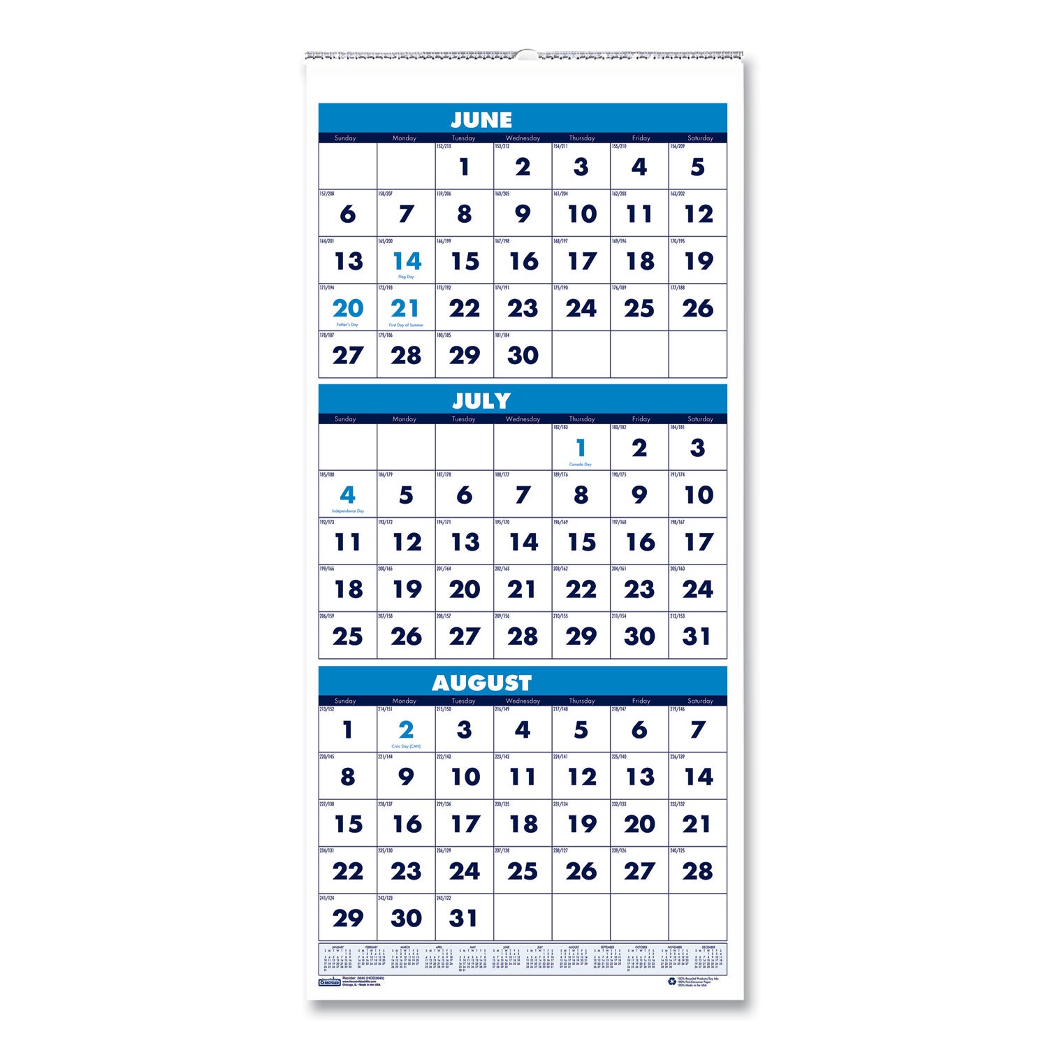 Academic - Julian Dates - Monthly - 14 Month - June 2025 to July 2026 - 3 Month Single Page Layout - Wire Bound - Teal - Paper - 8" Height x 17" Width - Reference Calendar - 1 Each