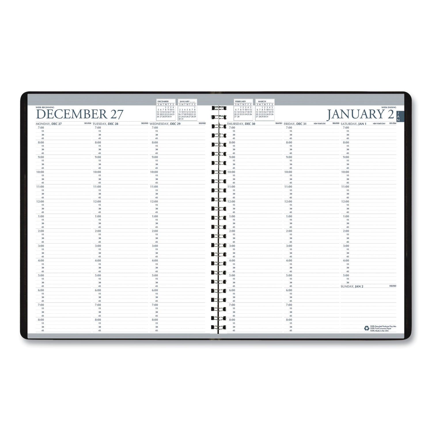 Julian Dates - Weekly - January 2026 to December 2026 - 7:00 AM to 8:45 PM - Quarter-hourly - 1 Week Double Page Layout - 8 1/2" x 11" Sheet Size - Simulated Leather - Black Cover - 1 Each