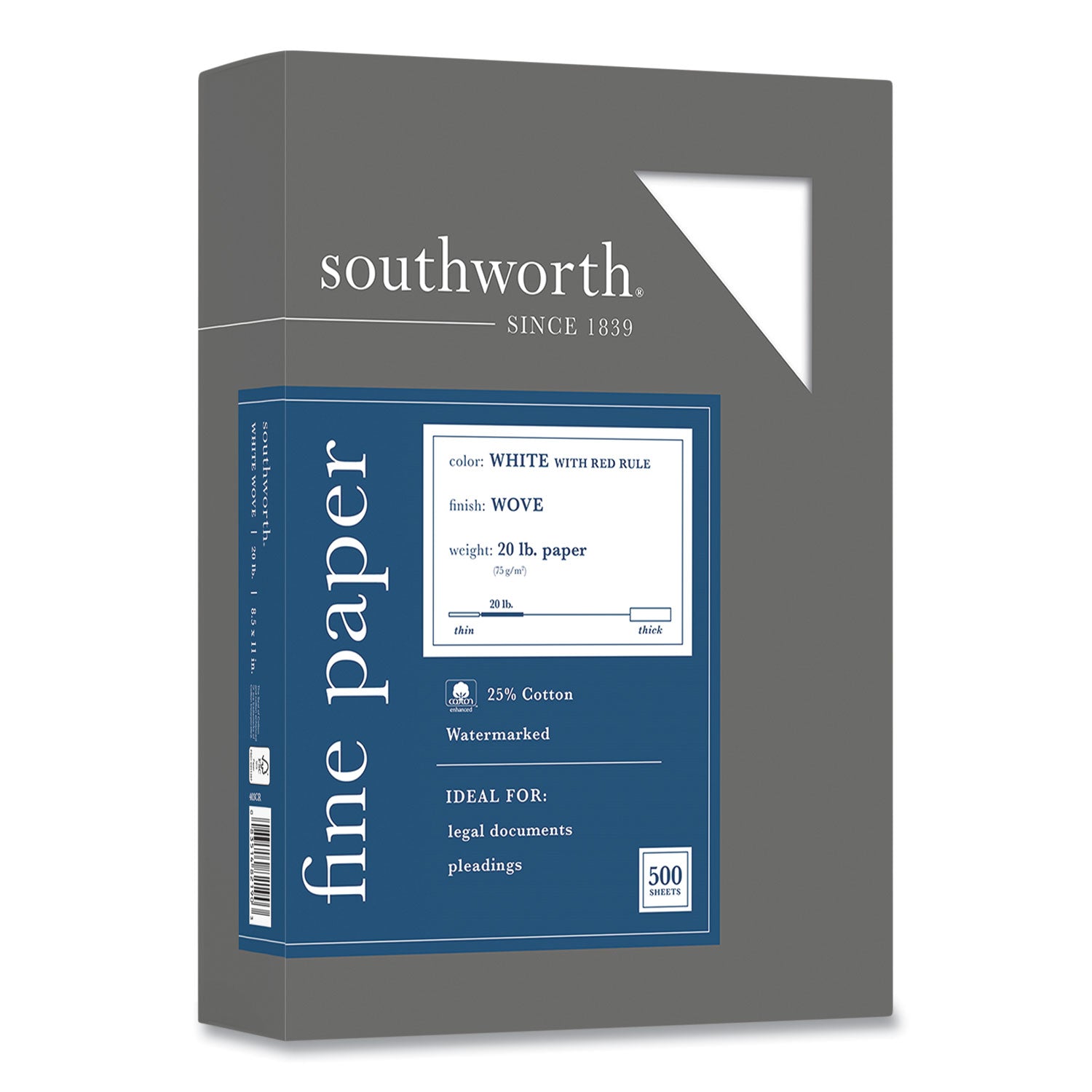 Southworth 25% Cotton Business Paper - Red Ruled - Letter - 8 1/2" x 11" - 20 lb Basis Weight - Wove - Watermarked, Acid-free, Date-coded, Lignin-free - White - 1 Box