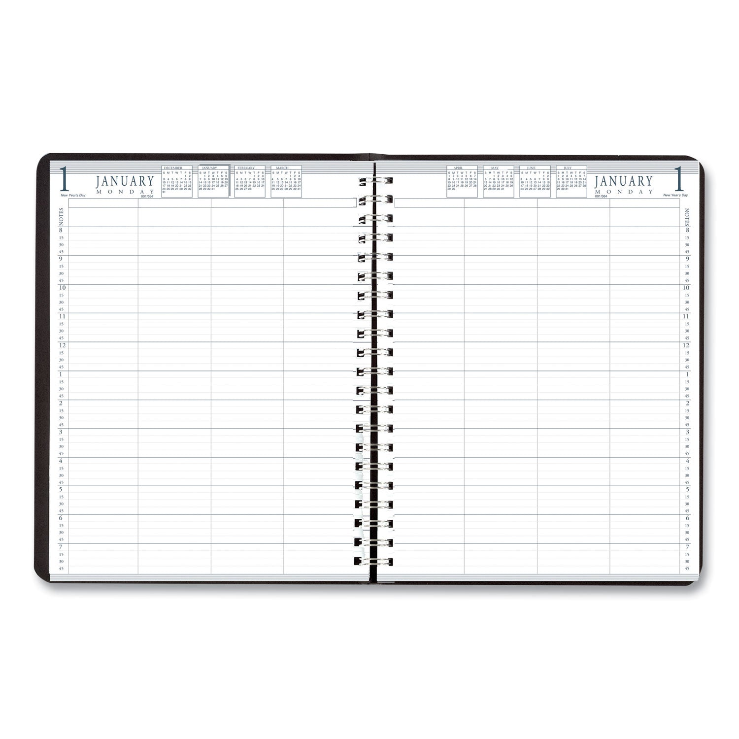 Julian Dates - Daily - 12 Month - January 2026 to December 2026 - 8:00 AM to 7:45 PM - Quarter-hourly - 1 Day Double Page Layout - 8" x 11" Sheet Size - Wire Bound - Paper, Leather - Black Cover - 2 / Set