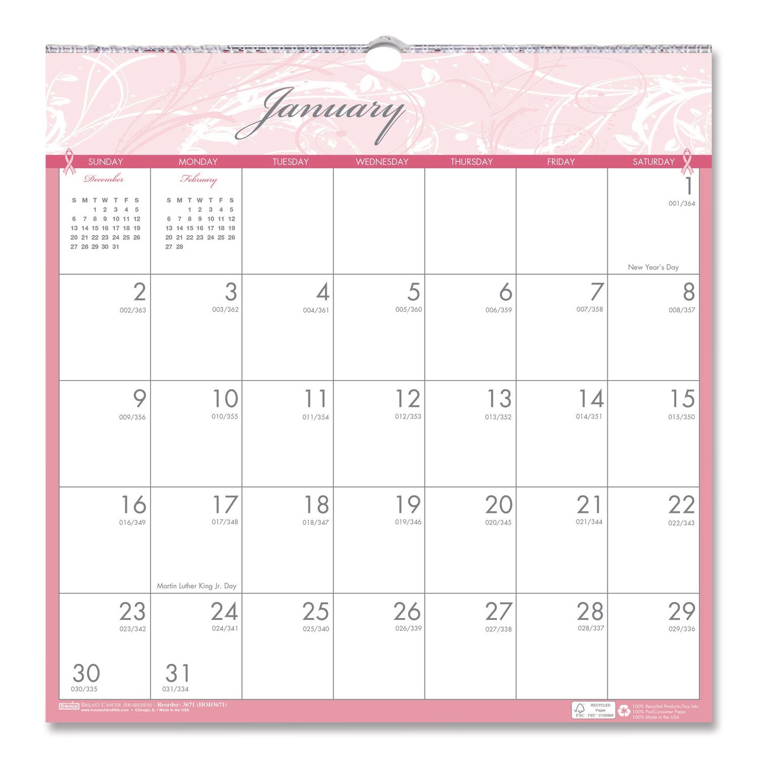 Julian Dates - Monthly - 1 Year - January 2026 to December 2026 - 1 Month Single Page Layout - 12" x 12" Sheet Size - 1.75" x 1.50" Block - Wire Bound - Pink - Paper - Reference Calendar, Eyelet - 1 Each