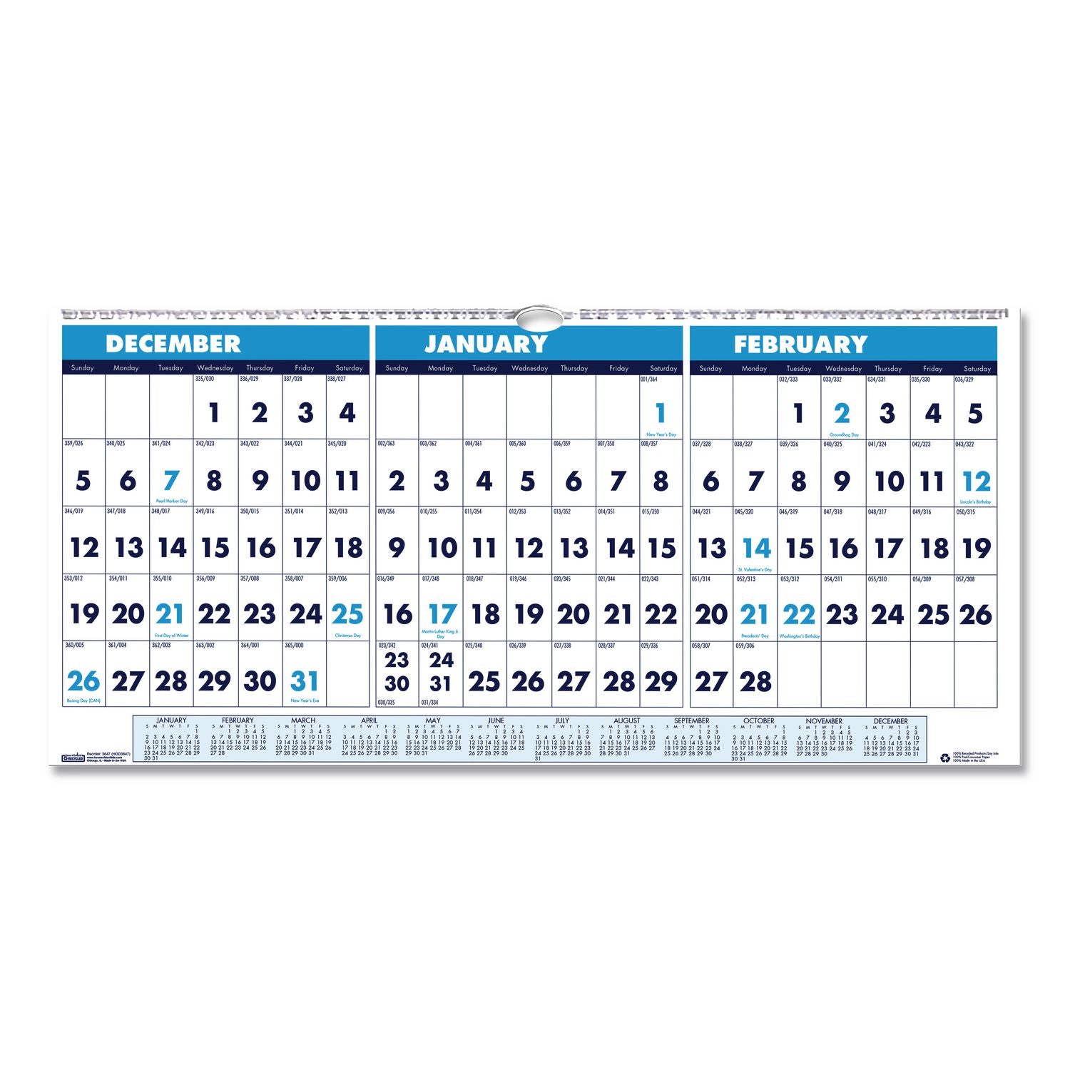 House of Doolittle 3-month Horizontal Wall Calendar - Julian Dates - Monthly - 14 Month - December 2025 to January 2027 - 1.13" x 1" Block - Wire Bound - Blue - 8" Height x 17" Width - Reference Calendar, Eyelet - 1 Each