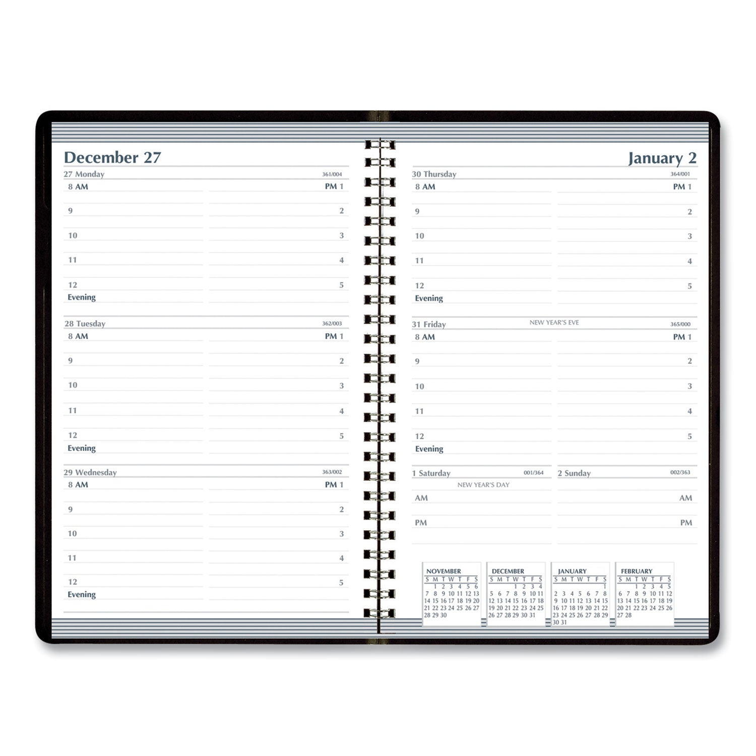 Julian Dates - Weekly - 12 Month - January 2026 to December 2026 - 8:00 AM to 5:00 PM - Half-hourly - 1 Week Double Page Layout - 5" x 8" Sheet Size - Wire Bound - Paper, Simulated Leather - Black Cover - Phone Directory, Notes Area - 1 Each