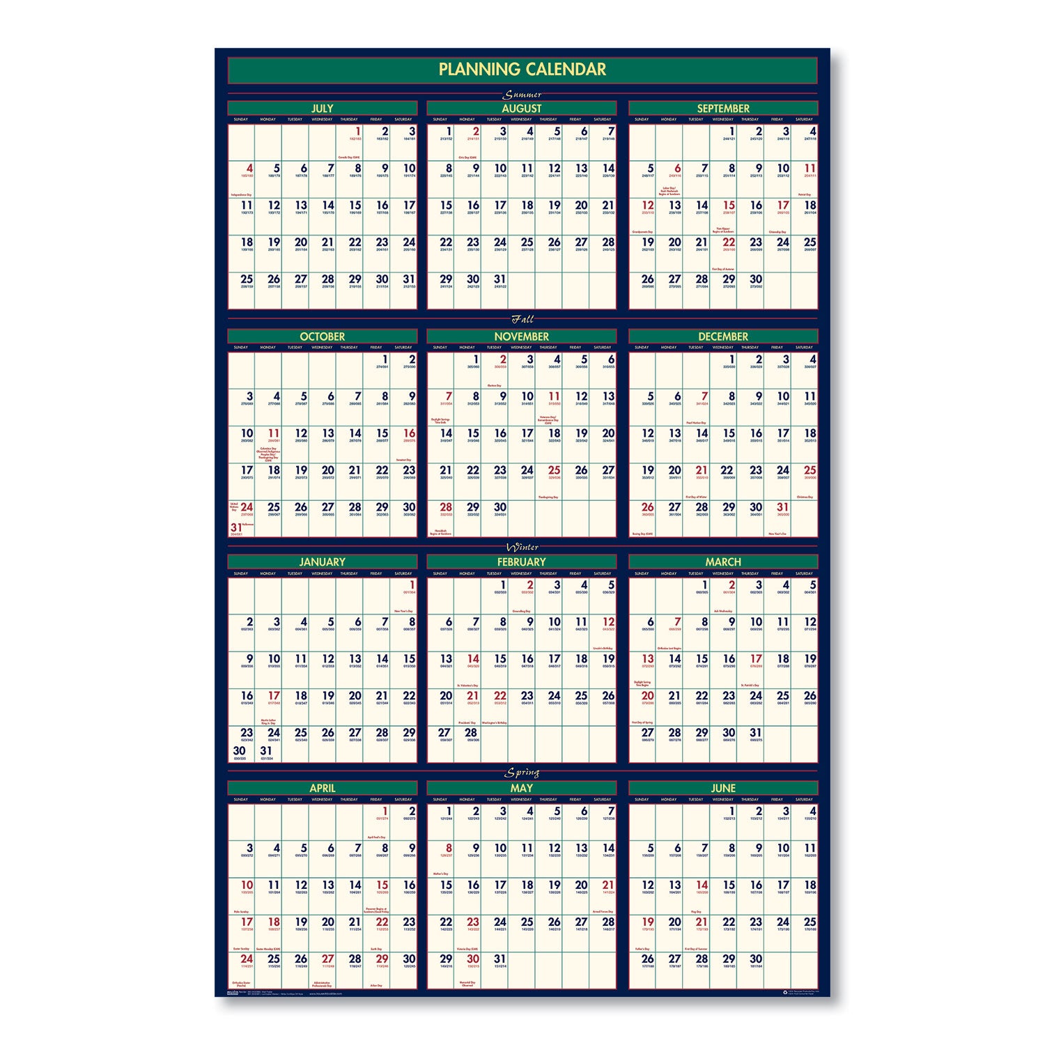 Julian Dates - Yearly - 12 Month - July 2025 to June 2026 - 24" x 37" Sheet Size - 1.50" x 1" Block - 1 Each