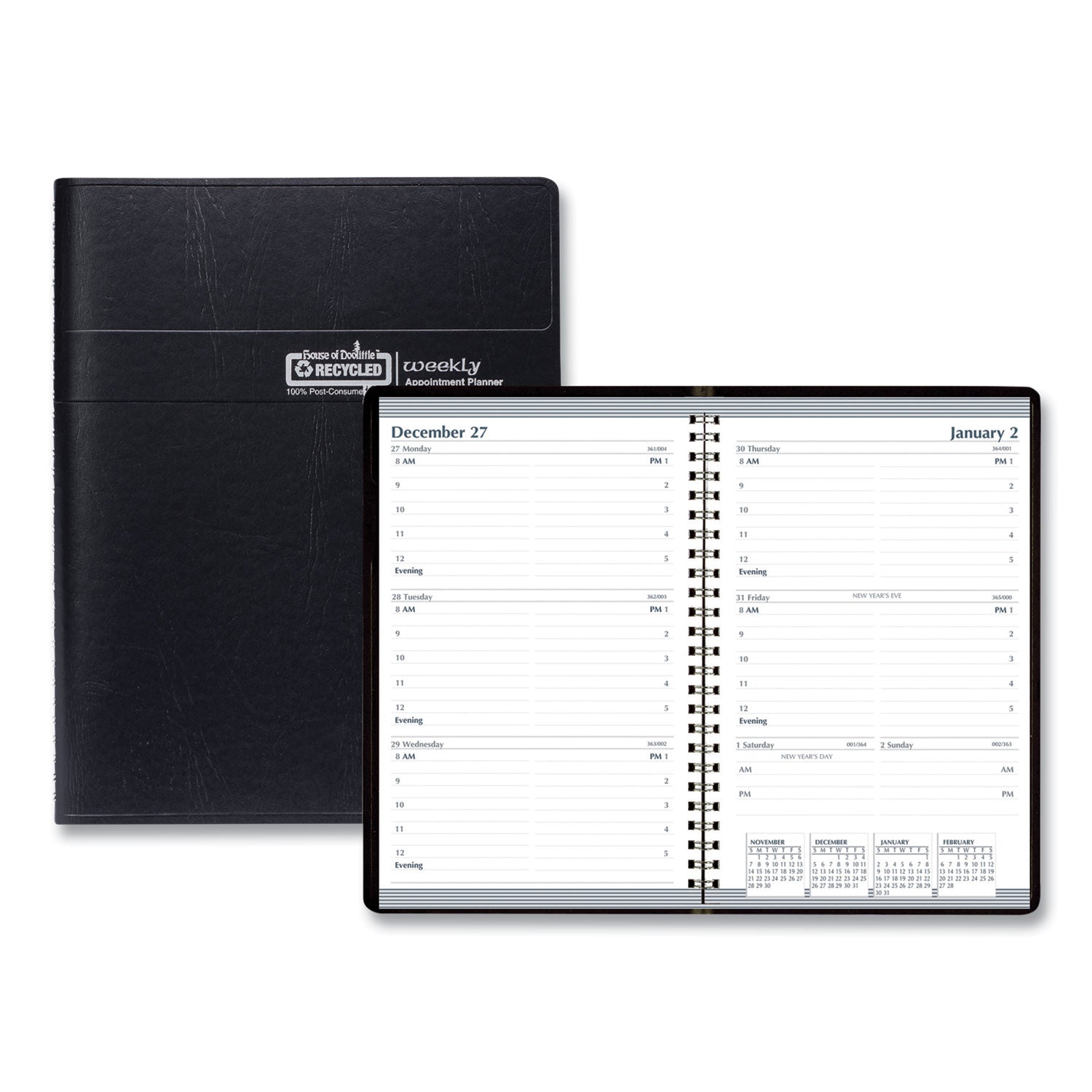 Julian Dates - Weekly - 12 Month - January 2026 to December 2026 - 8:00 AM to 5:00 PM - Half-hourly - 1 Week Double Page Layout - 5" x 8" Sheet Size - Wire Bound - Paper, Simulated Leather - Black Cover - Phone Directory, Notes Area - 1 Each