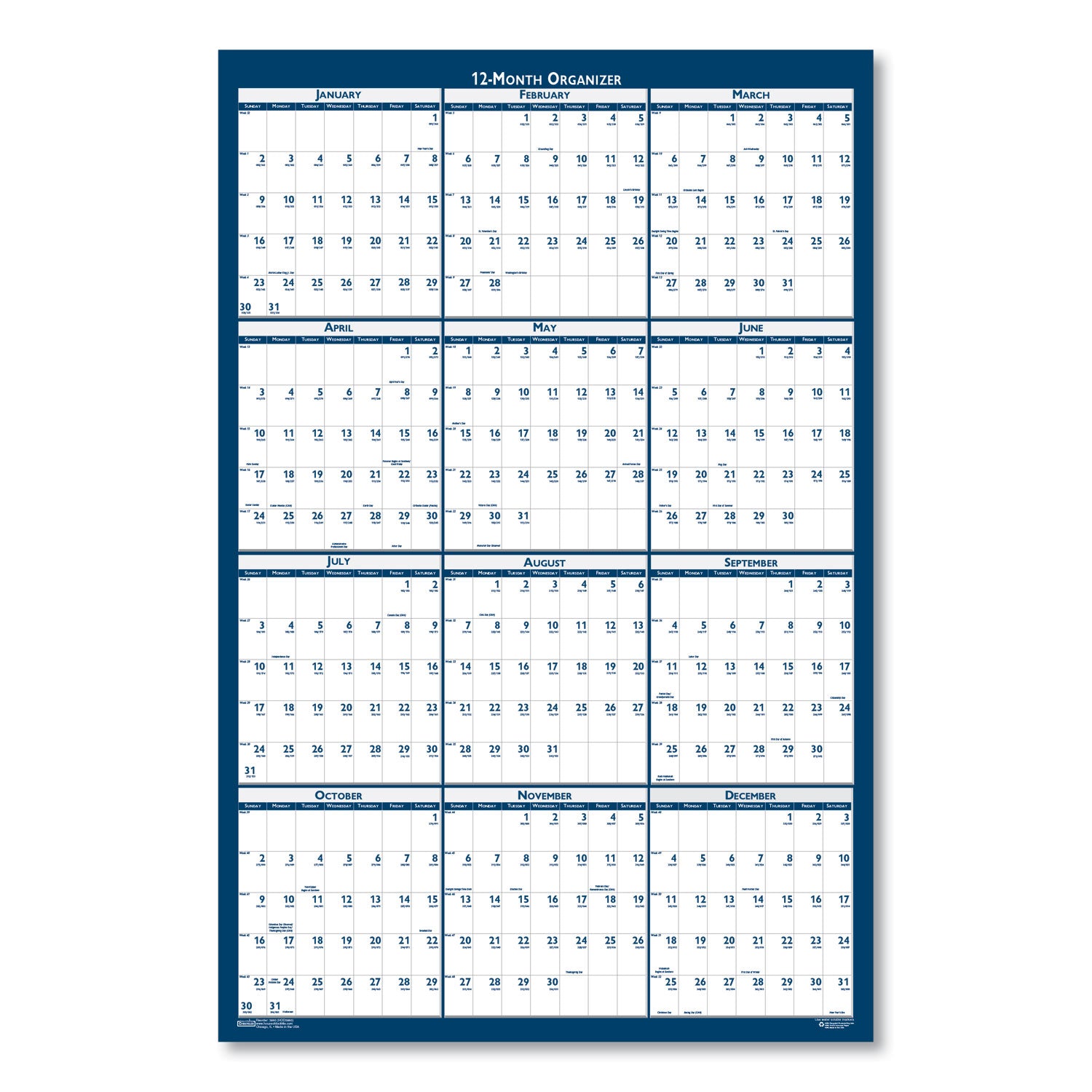 House of Doolittle Write-on Laminated Wall Planner, Reversible, 32" x 48", Blue/Gray, Erasable, 12-Month, 2026, Includes Marker & Hanger, 1 Each