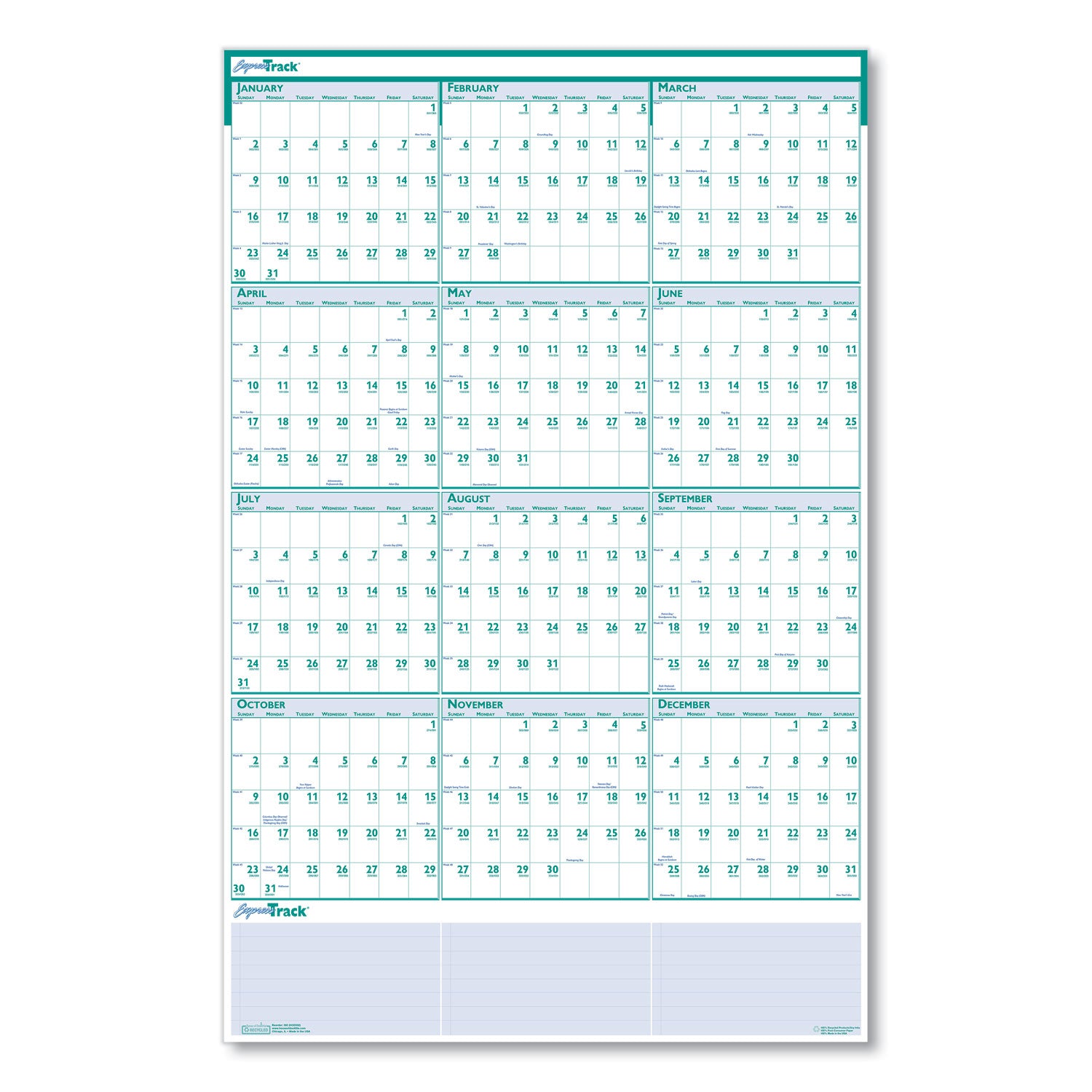 Julian Dates - Yearly - 12 Month - January 2026 to December 2026 - 24" x 37" Sheet Size - 1.25" x 1.38" Block - Blue, Green - Paper - Laminated, Erasable - 1 Each