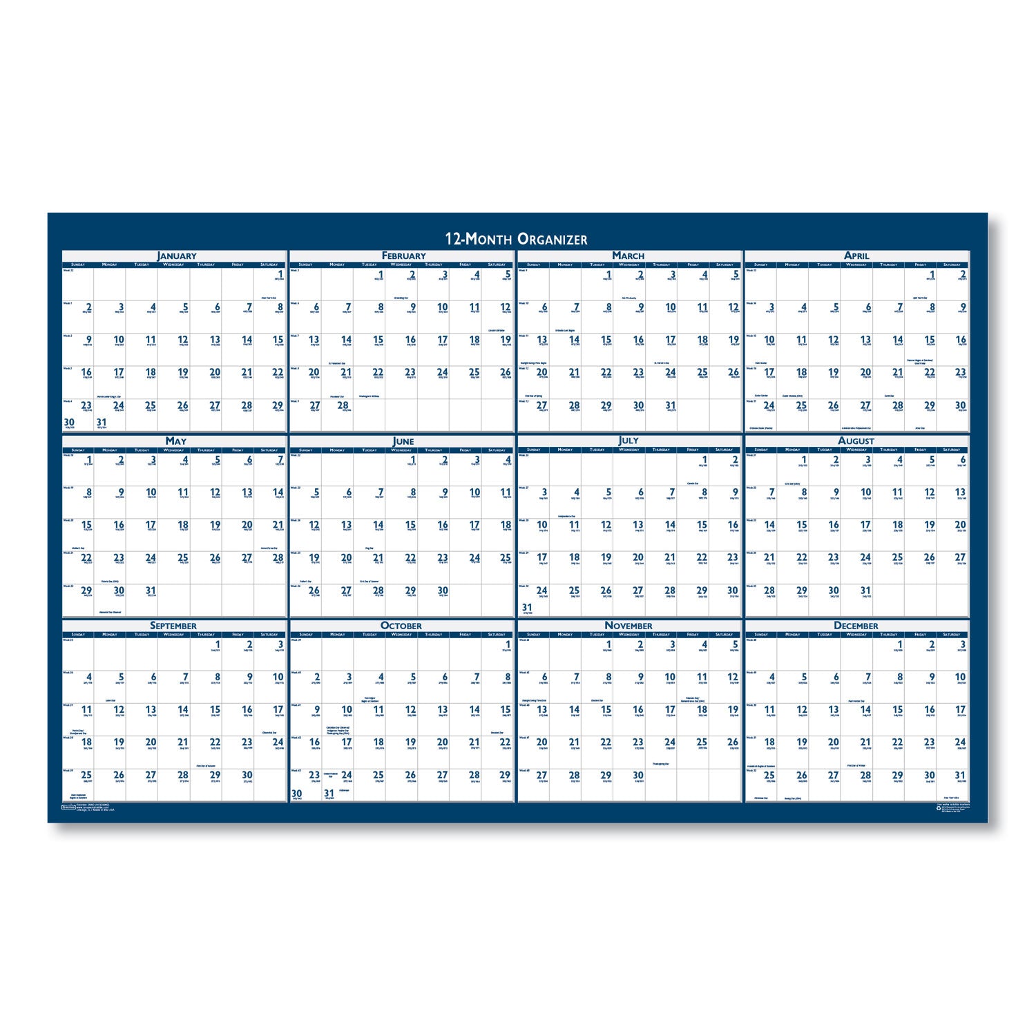 Professional - Julian Dates - Yearly - 12 Month - January 2026 to December 2026 - 24" x 37" Sheet Size - Blue/Gray Sheet - 1.25" x 1.63" , 1.38" Block - Blue, Gray - Paper - Laminated - 1 Each