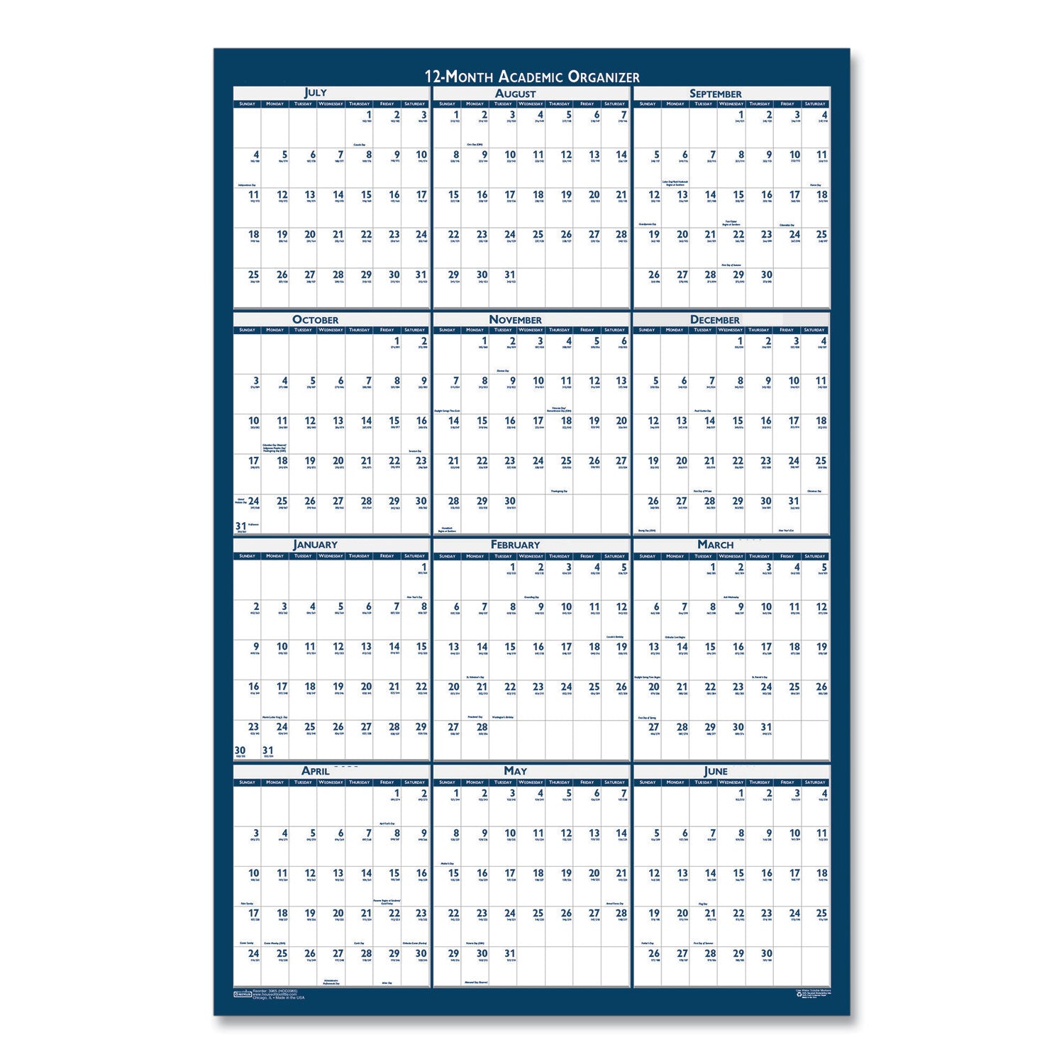 Julian Dates - Yearly - 1 Year - July 2025 to June 2026 - 24" x 37" Sheet Size - 1.13" x 1.63" , 1.25" x 1.38" Block - Blue, Gray - Paper - Laminated, Erasable, Write on/Wipe off - 1 Each