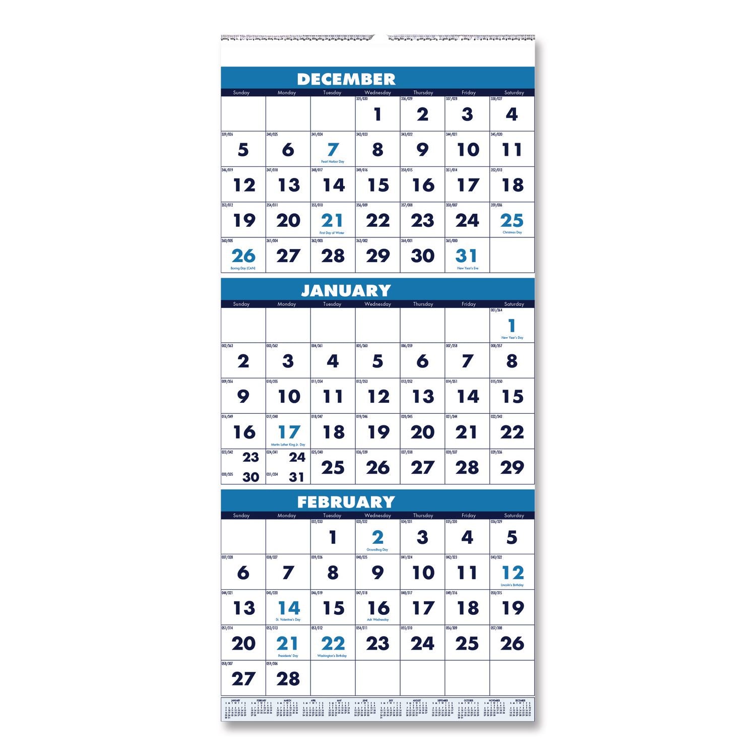 Julian Dates - Monthly - 14 Month - December 2025 to January 2027 - 3 Month Single Page Layout - 8" x 17" Sheet Size - 1" x 1.06" Block - Wire Bound - Blue, Green - Paper - Reference Calendar, Hanging Loop - 1 Each