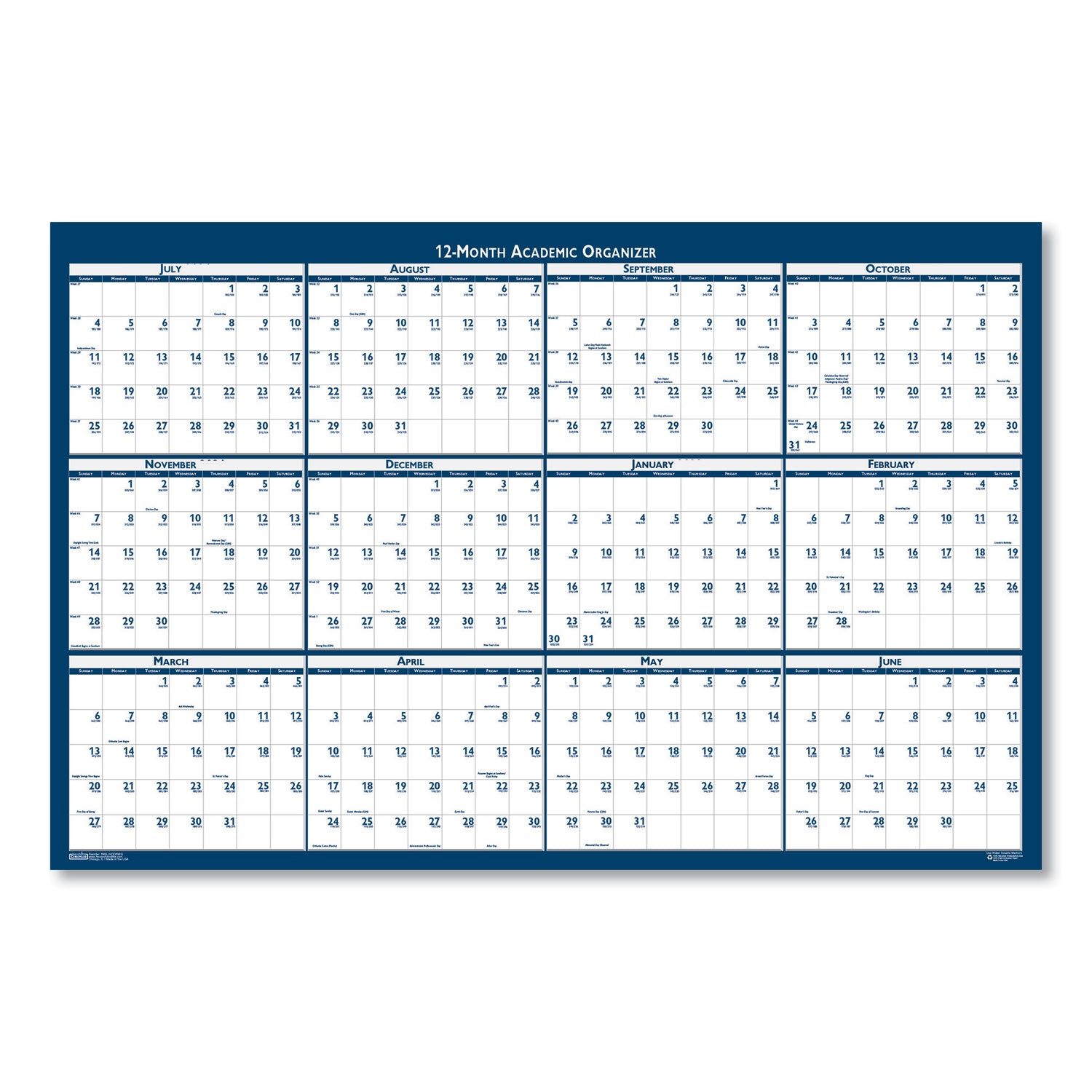 Julian Dates - Yearly - 1 Year - July 2025 to June 2026 - 24" x 37" Sheet Size - 1.13" x 1.63" , 1.25" x 1.38" Block - Blue, Gray - Paper - Laminated, Erasable, Write on/Wipe off - 1 Each