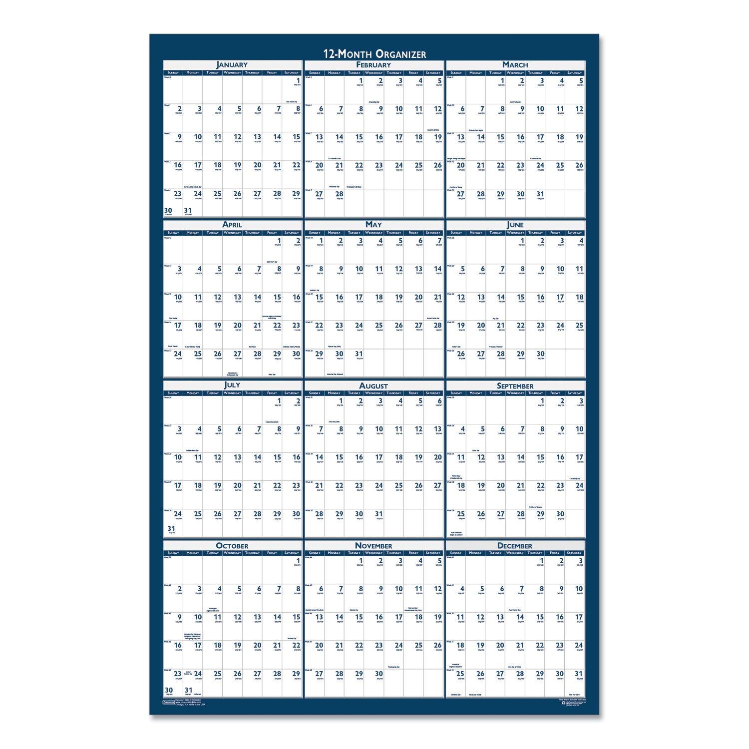 Professional - Julian Dates - Yearly - 12 Month - January 2026 to December 2026 - 24" x 37" Sheet Size - Blue/Gray Sheet - 1.25" x 1.63" , 1.38" Block - Blue, Gray - Paper - Laminated - 1 Each
