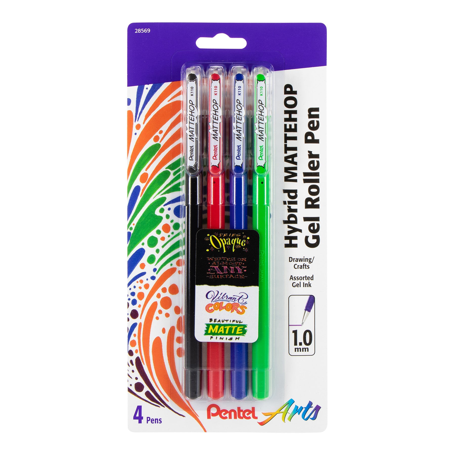 Hybrid MATTEHOP Gel Roller, 1.0mm, Matte A/B/C/D Ink, Pack of 4