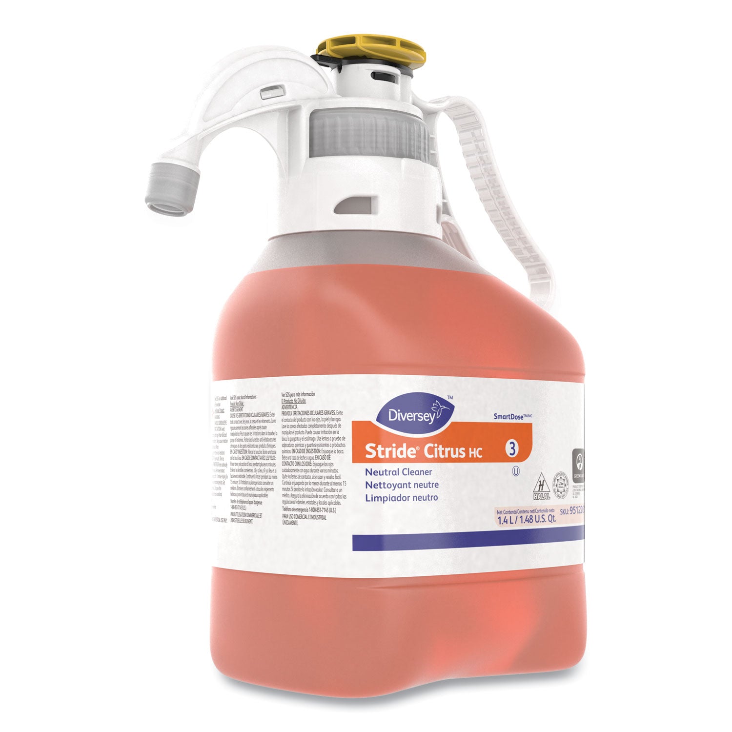 Diversey Stride Citrus HC Neutral Cleaner, Concentrate, 47.3 fl oz (1.5 quart), Citrus Scent, Non Alkaline, Film-free, Phosphate-free, Orange, 1 Each