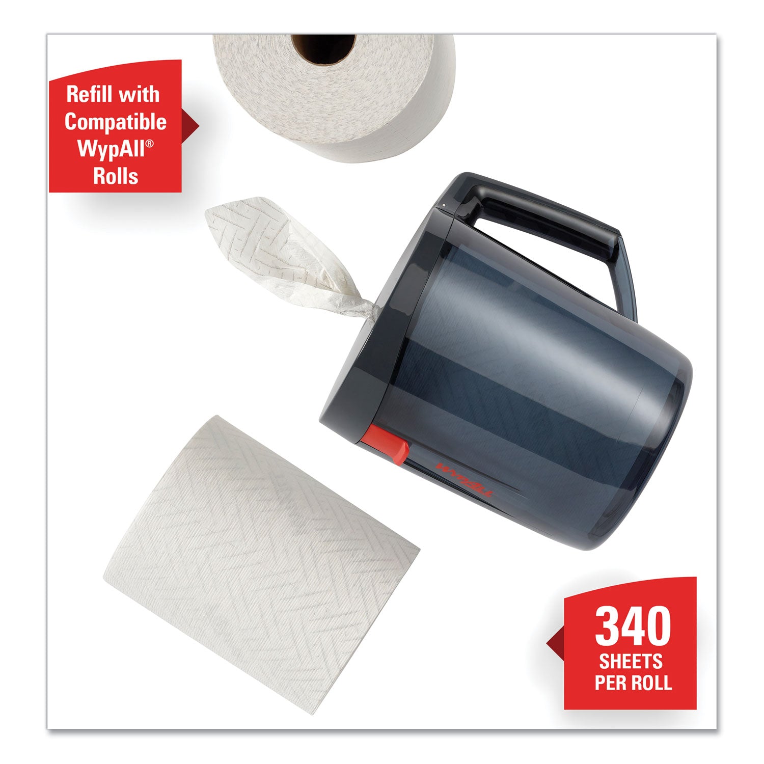Roll, Center Pull - Plastic - Black - Hygienic, Portable, Wall Mountable, Handle - 1 Each
