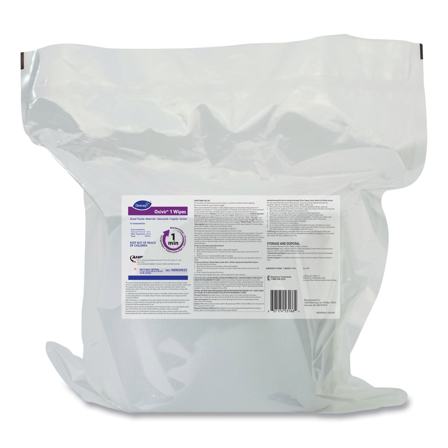 Diversey Oxivir One-Step Ready-to-Use Hospital Disinfectant Cleaner Wipes, Cherry Almond Scent, Colorless, 160 Wipes per Pack