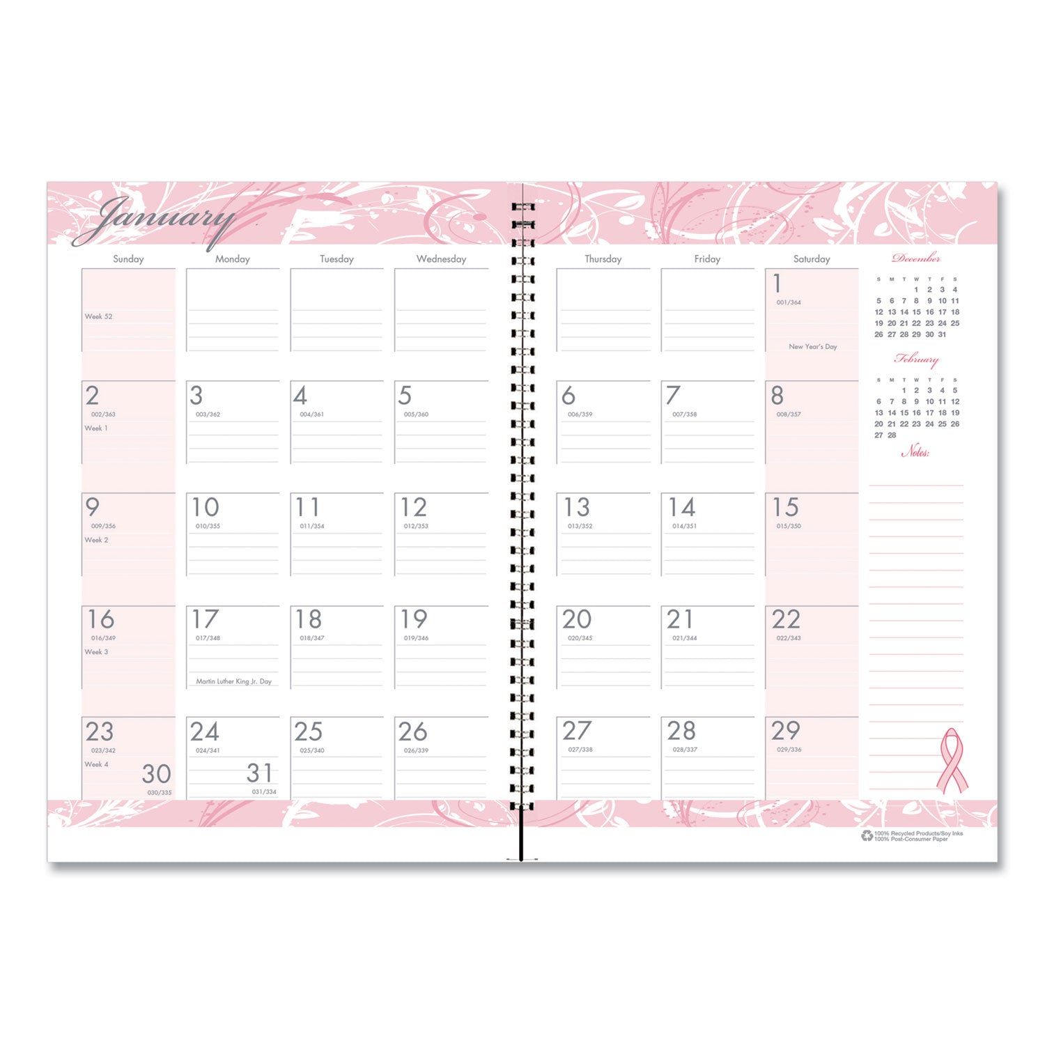 Julian Dates - Monthly - 12 Month - January 2026 to December 2026 - 1 Month Single Page Layout - 7" x 10" Sheet Size - 1.38" x 1.75" Block - Wire Bound - Pink - Hardboard - Laminated - 1 Each