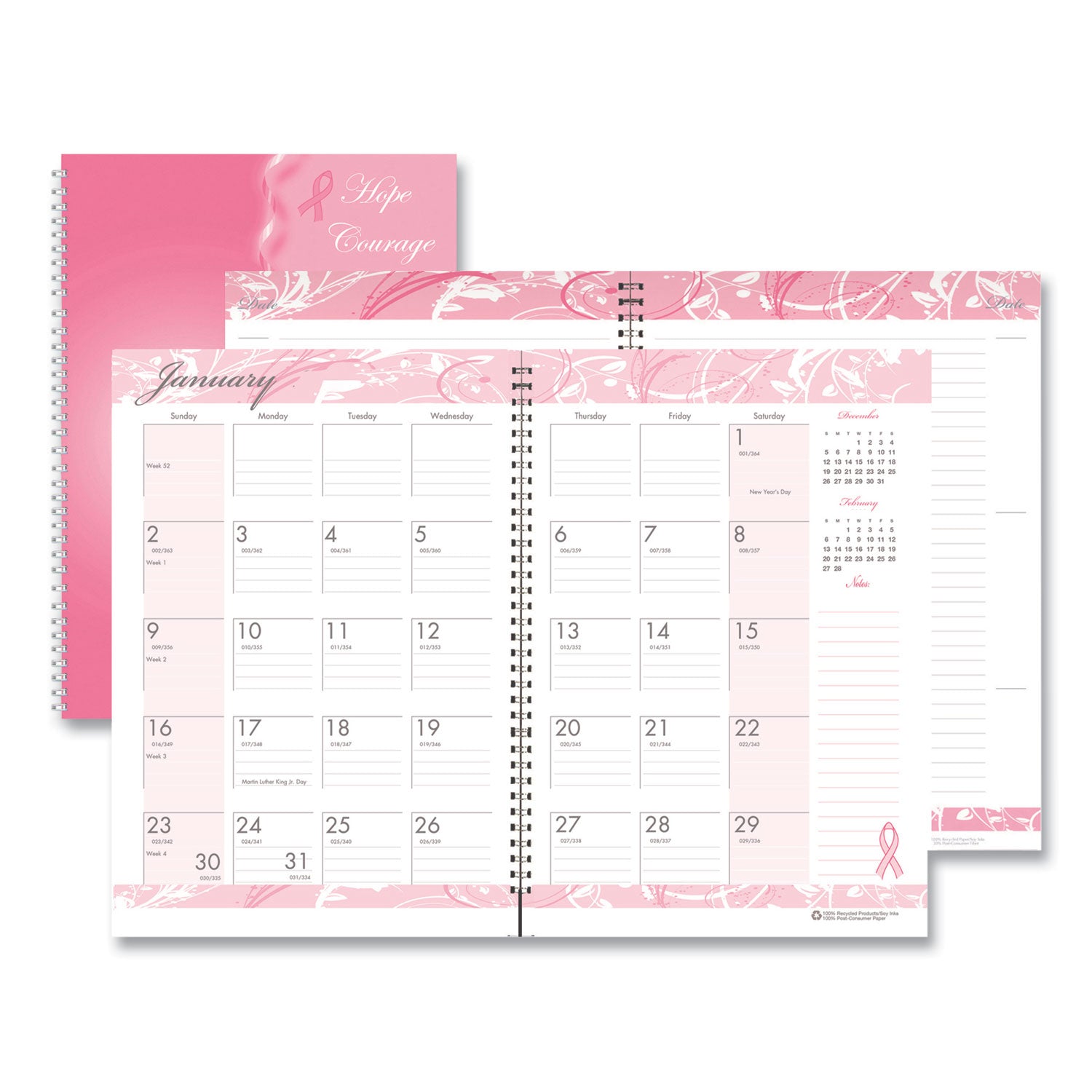 Julian Dates - Monthly - 12 Month - January 2026 to December 2026 - 1 Month Single Page Layout - 7" x 10" Sheet Size - 1.38" x 1.75" Block - Wire Bound - Pink - Hardboard - Laminated - 1 Each