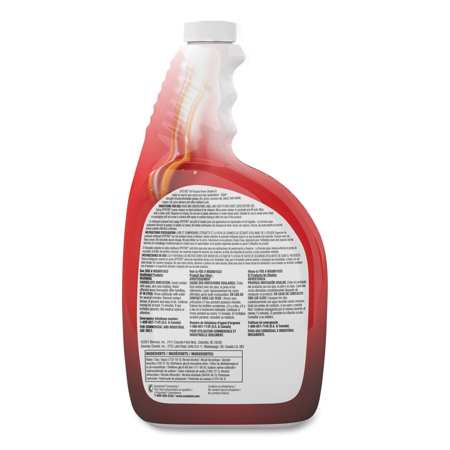 Diversey Spitfire Power Cleaner - Ready-To-Use - 32 fl oz (1 quart) - Fresh Scent - Heavy Duty - Red Spray Bottle - 4 / Carton