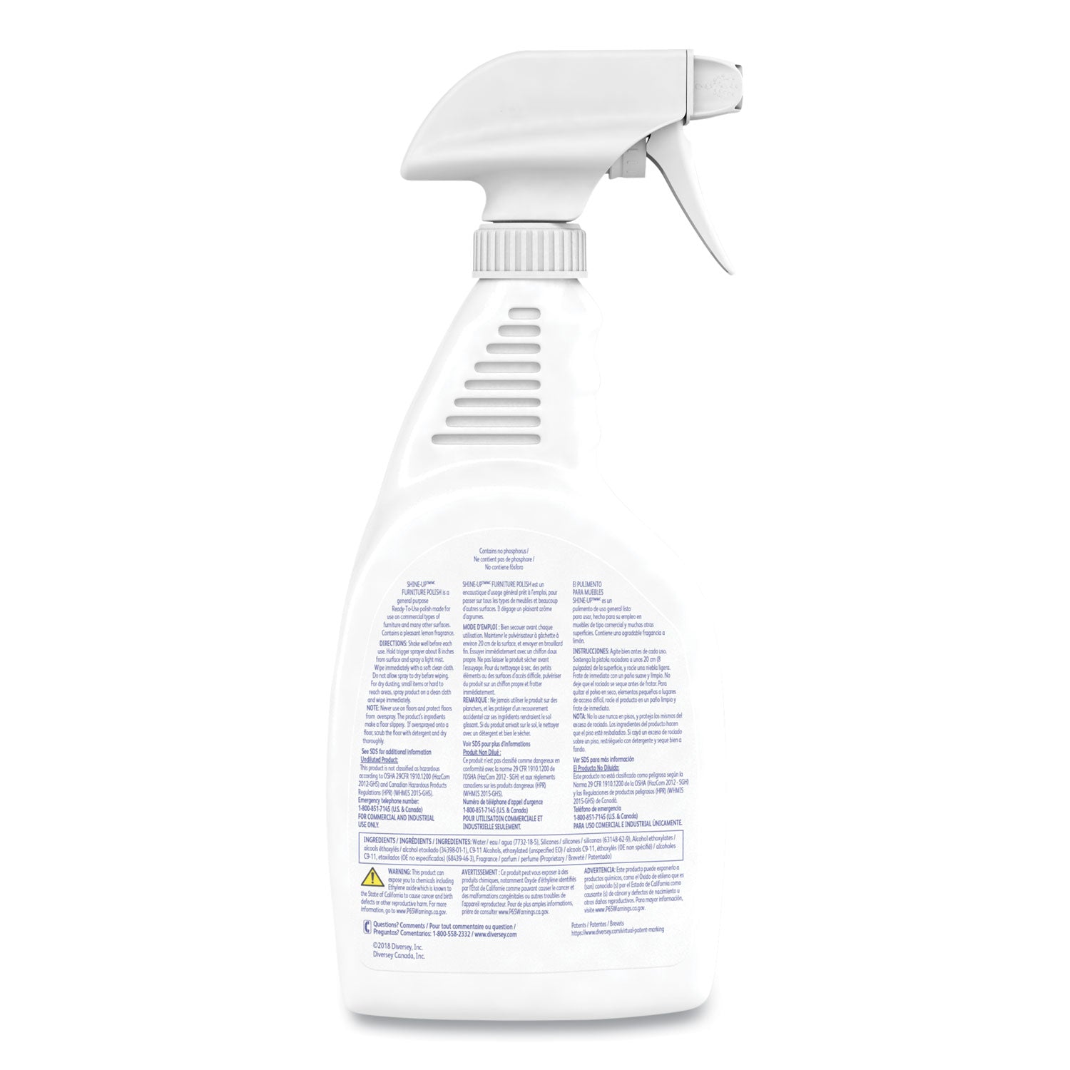 Diversey Shine-Up Lemon Furniture Polish - Ready-To-Use Spray - 32 fl oz (1 quart) - Lemon Scent - 1 Each - White