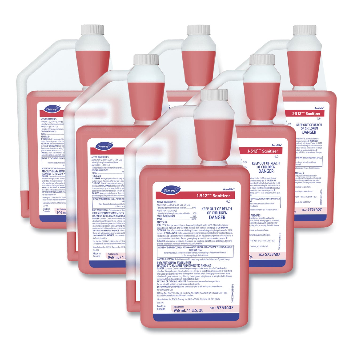 Diversey J-512 Sanitizer, Concentrate, Liquid, 32 fl oz (1 quart), Quaternary Scent, 7.9 pH, Red, No-rinse, Kosher, 6 per Carton