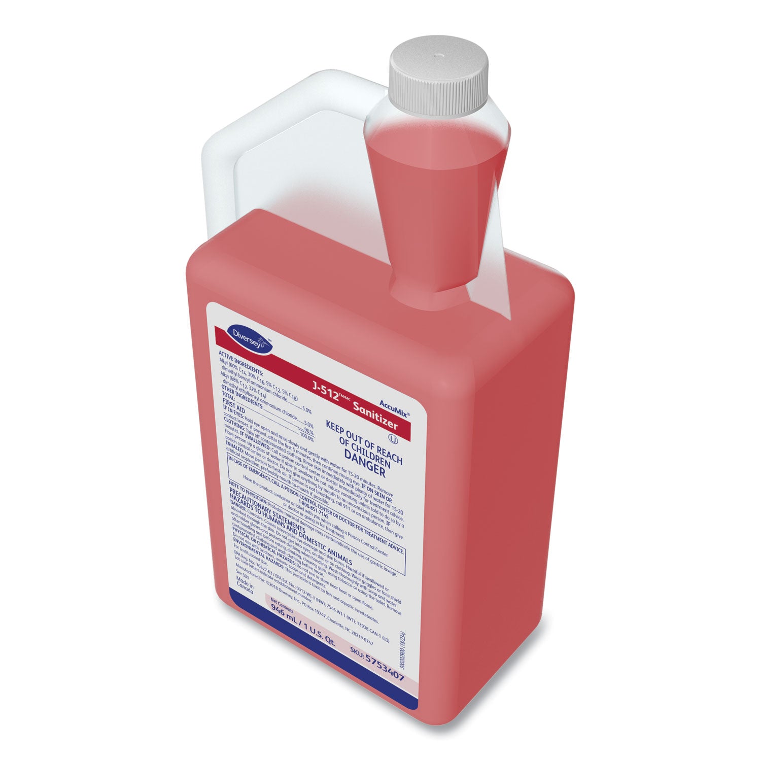 Diversey J-512 Sanitizer, Concentrate, Liquid, 32 fl oz (1 quart), Quaternary Scent, 7.9 pH, Red, No-rinse, Kosher, 6 per Carton