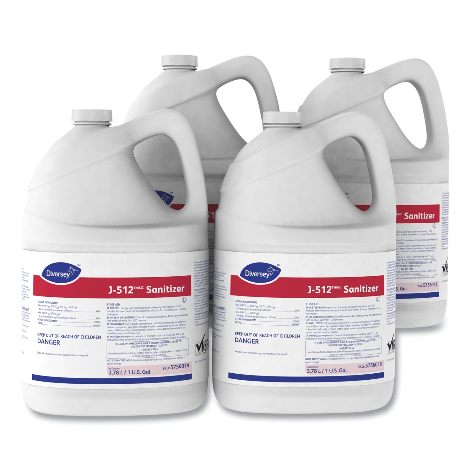 Diversey J-512 Sanitizer, Concentrate Liquid, Quaternary Scent, 128 fl oz (4 quart) Bottles, Red, 4/Carton, Kosher, Rinse-Free, pH 7.9